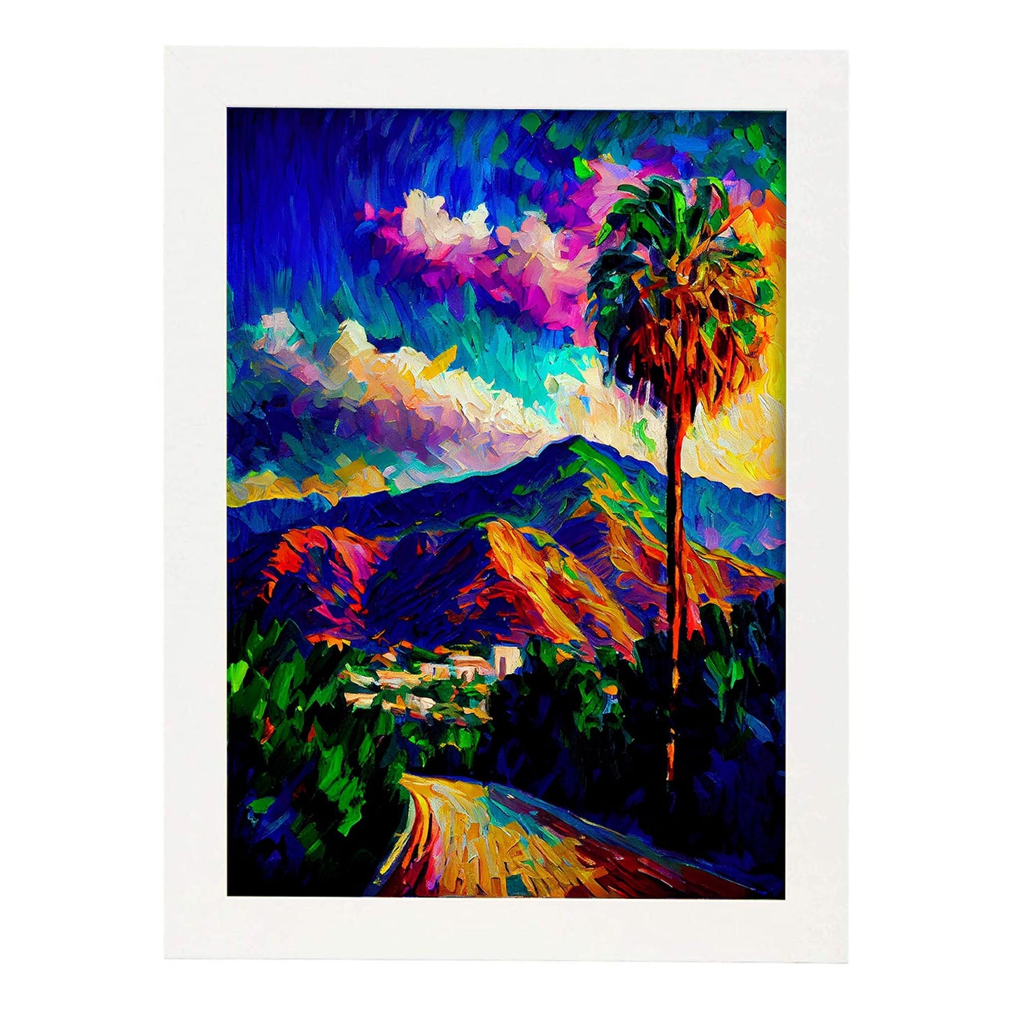 Nacnic The Hollywood Sign Los Angeles California USA Oil Pa. Estampados de arte de pared estético para el diseño de dormitorio o sala de estar.-Artwork-Nacnic-A4-Marco Blanco-Nacnic Estudio SL
