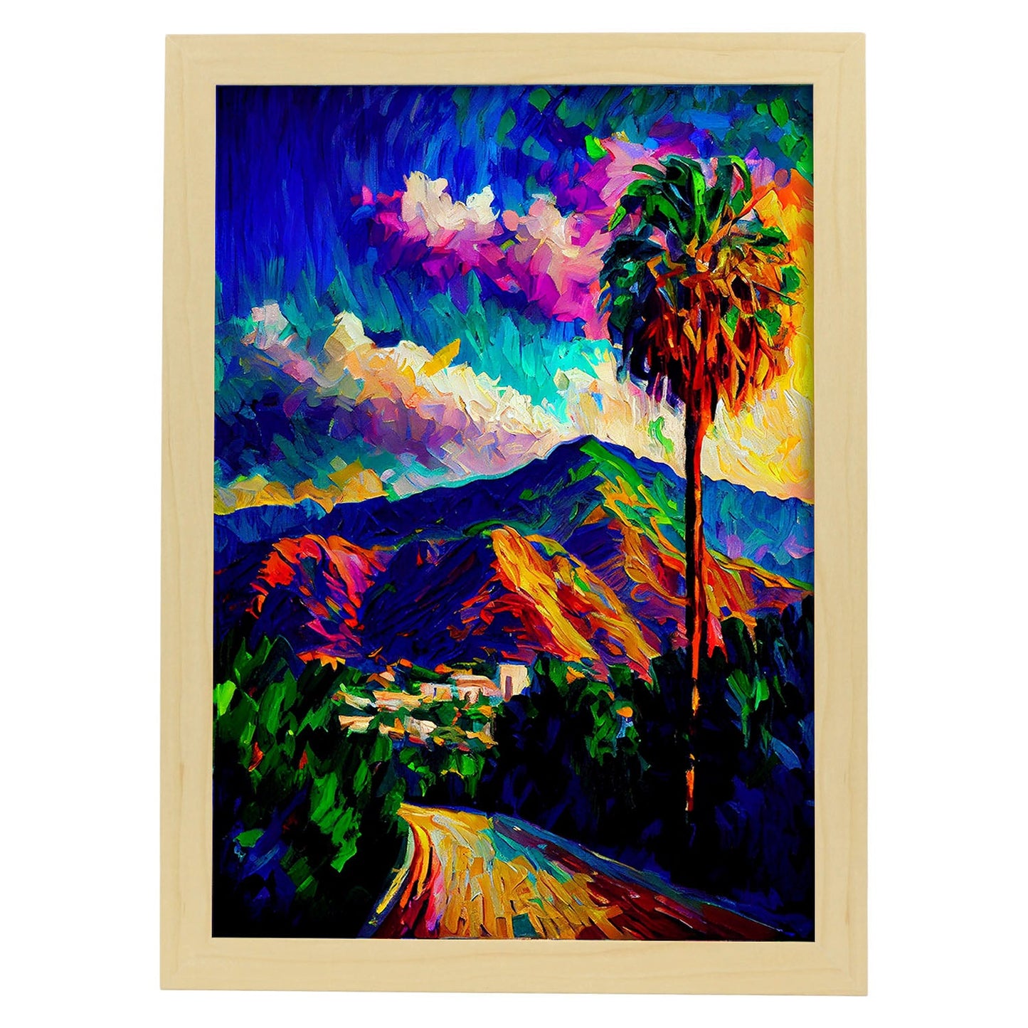 Nacnic The Hollywood Sign Los Angeles California USA Oil Pa. Estampados de arte de pared estético para el diseño de dormitorio o sala de estar.-Artwork-Nacnic-A4-Marco Madera clara-Nacnic Estudio SL