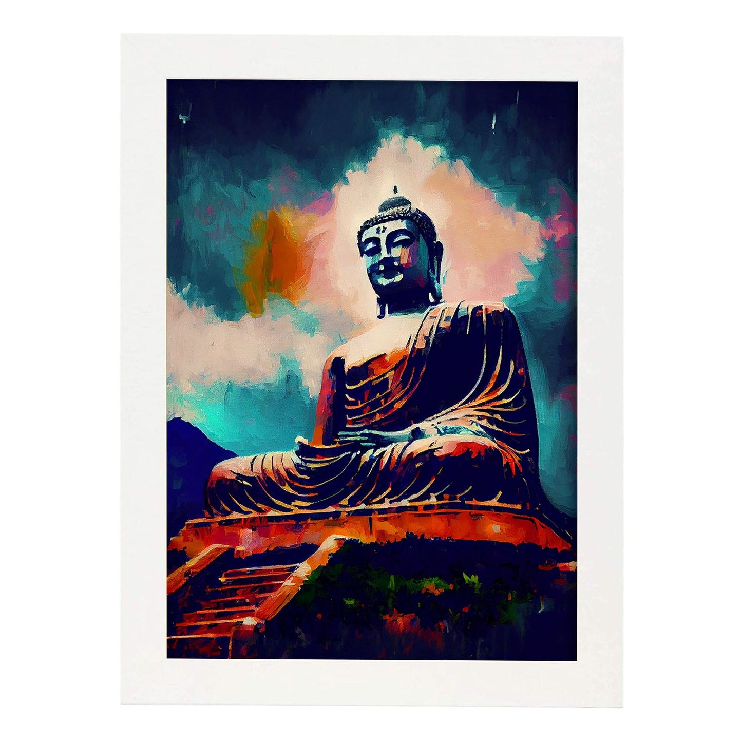 Nacnic Tian Tan Buddha Lantau Island Hong Kong Pintura al óleo. Estampados de arte de pared estético para el diseño de dormitorio o sala de estar.-Artwork-Nacnic-A4-Marco Blanco-Nacnic Estudio SL