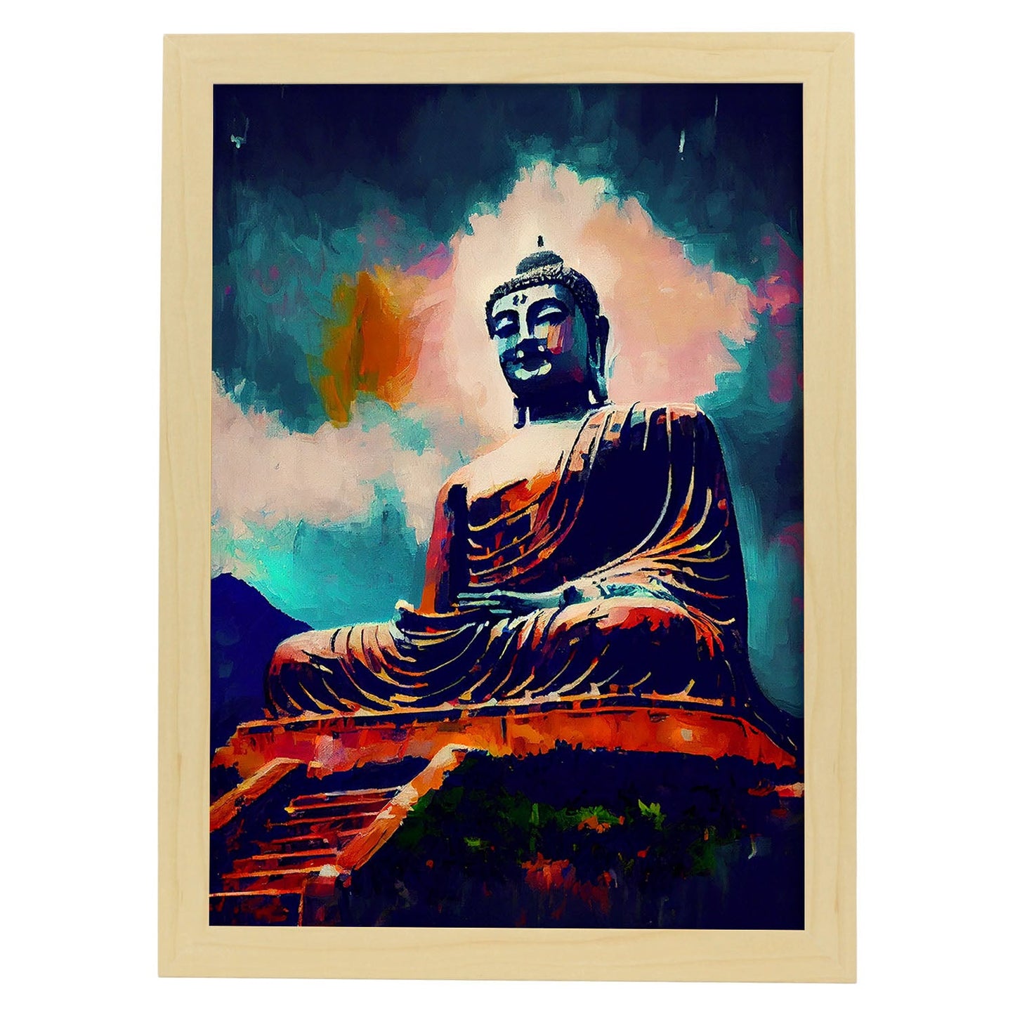 Nacnic Tian Tan Buddha Lantau Island Hong Kong Pintura al óleo. Estampados de arte de pared estético para el diseño de dormitorio o sala de estar.-Artwork-Nacnic-A4-Marco Madera clara-Nacnic Estudio SL