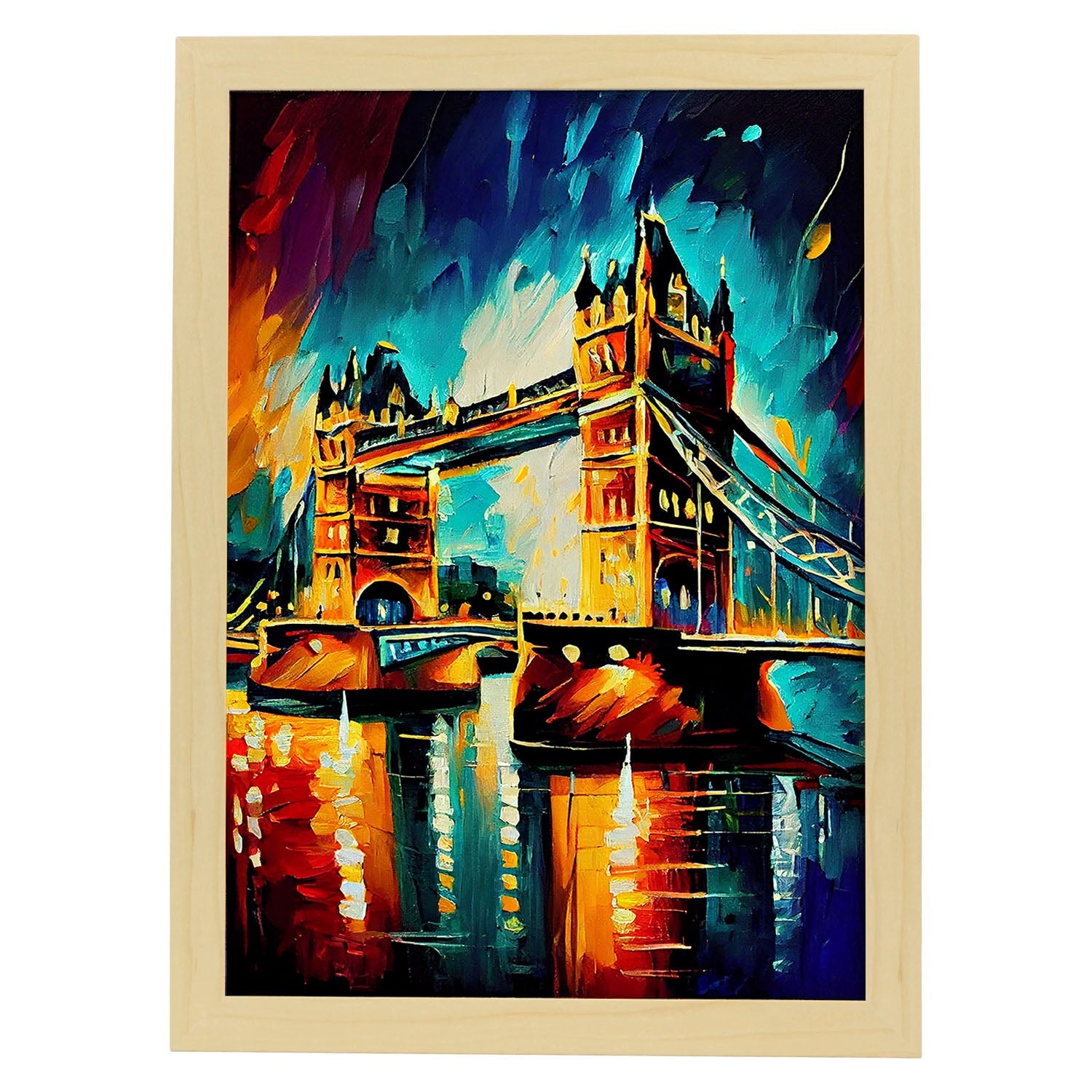 Nacnic Tower Bridge London Inglaterra Inglaterra pincel de pintura al óleo Strok. Estampados de arte de pared estético para el diseño de dormitorio o sala de estar.-Artwork-Nacnic-A4-Marco Madera clara-Nacnic Estudio SL