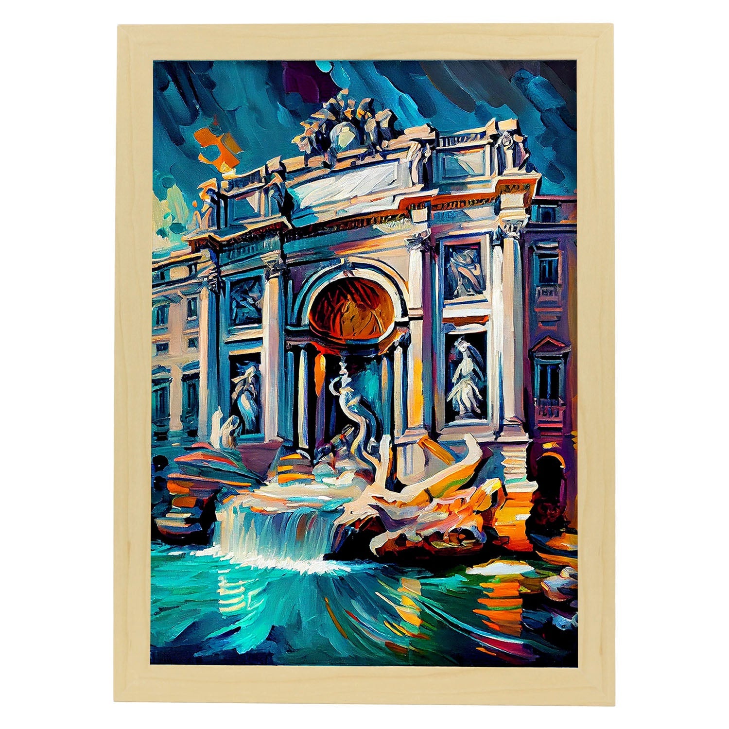 Nacnic Trevi Fountain Roma Italia Cepillo de pintura al óleo. Estampados de arte de pared estético para el diseño de dormitorio o sala de estar.-Artwork-Nacnic-A4-Marco Madera clara-Nacnic Estudio SL