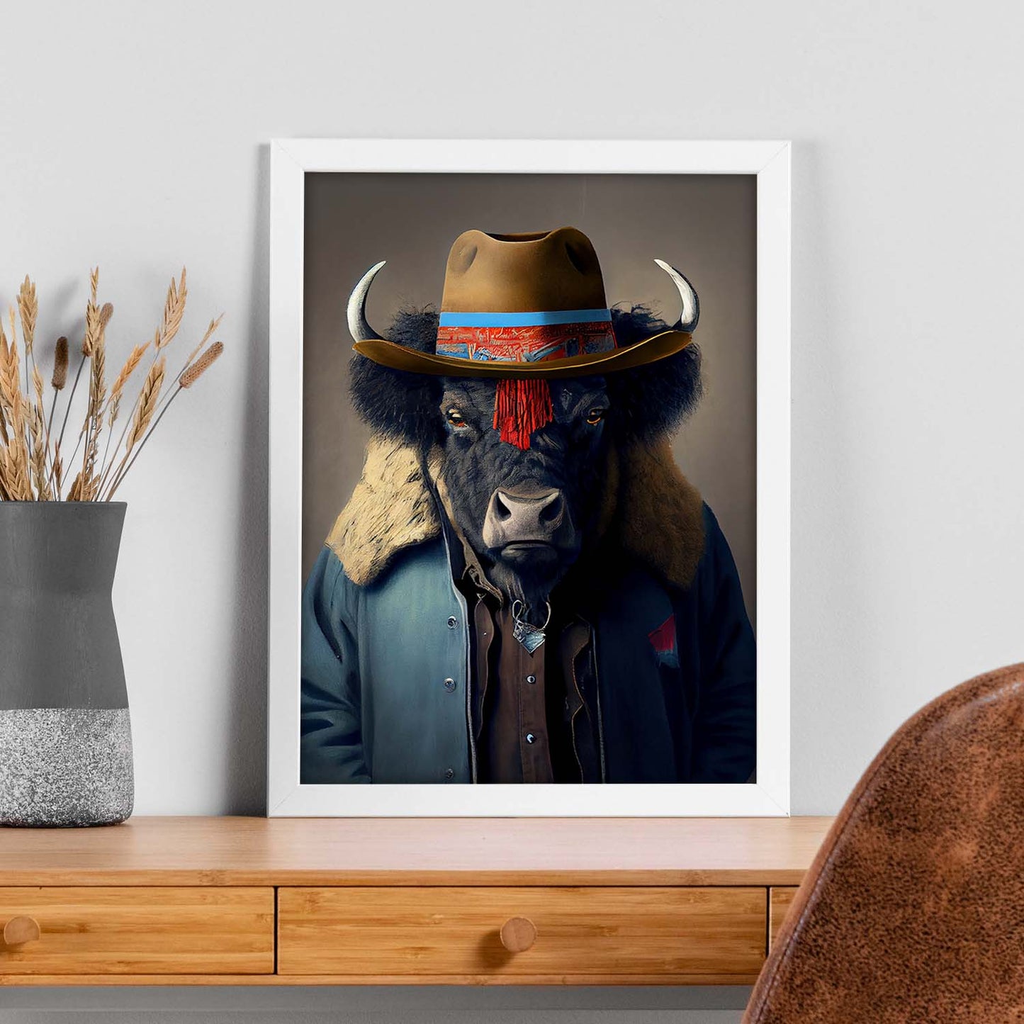 Nacnic Un bisonte vestido con ropa humana jean. Estampados de arte de pared estético para el diseño de dormitorio o sala de estar.-Artwork-Nacnic-Nacnic Estudio SL