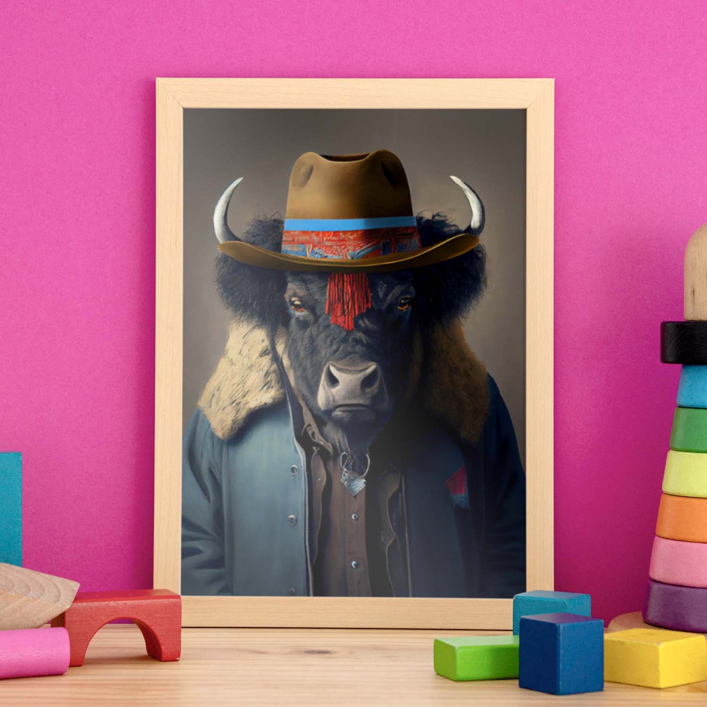 Nacnic Un bisonte vestido con ropa humana jean. Estampados de arte de pared estético para el diseño de dormitorio o sala de estar.-Artwork-Nacnic-Nacnic Estudio SL
