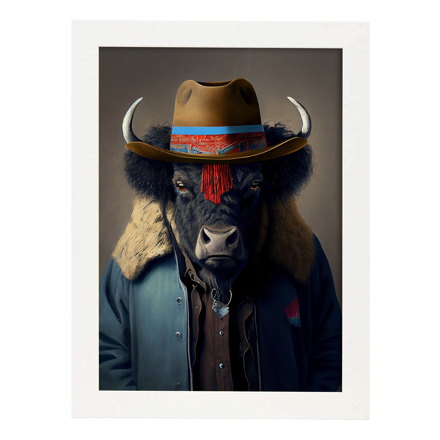 Nacnic Un bisonte vestido con ropa humana jean. Estampados de arte de pared estético para el diseño de dormitorio o sala de estar.-Artwork-Nacnic-A4-Marco Blanco-Nacnic Estudio SL