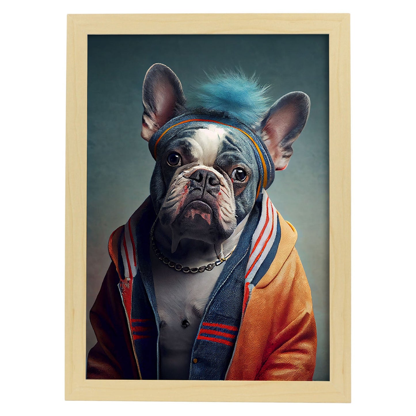 Nacnic, un bulldog francés tipo perro vestido con coágulo humano. Estampados de arte de pared estético para el diseño de dormitorio o sala de estar.-Artwork-Nacnic-A3-Marco Madera clara-Nacnic Estudio SL