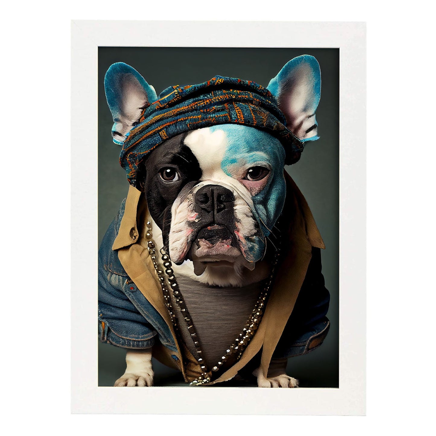 Nacnic un bulldog tipo perro vestido con ropa de ropa humana. Estampados de arte de pared estético para el diseño de dormitorio o sala de estar.-Artwork-Nacnic-A4-Marco Blanco-Nacnic Estudio SL