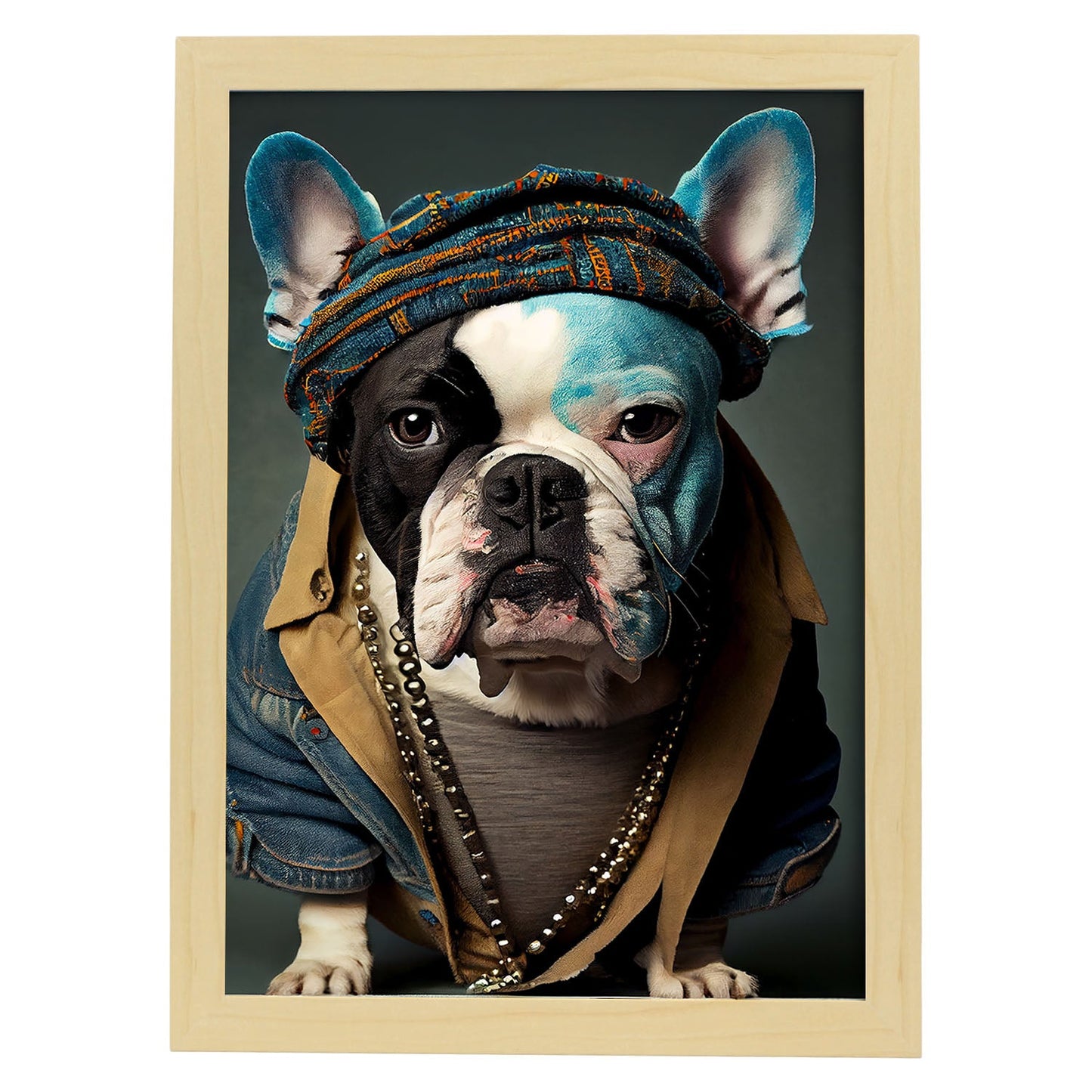 Nacnic un bulldog tipo perro vestido con ropa de ropa humana. Estampados de arte de pared estético para el diseño de dormitorio o sala de estar.-Artwork-Nacnic-A4-Marco Madera clara-Nacnic Estudio SL