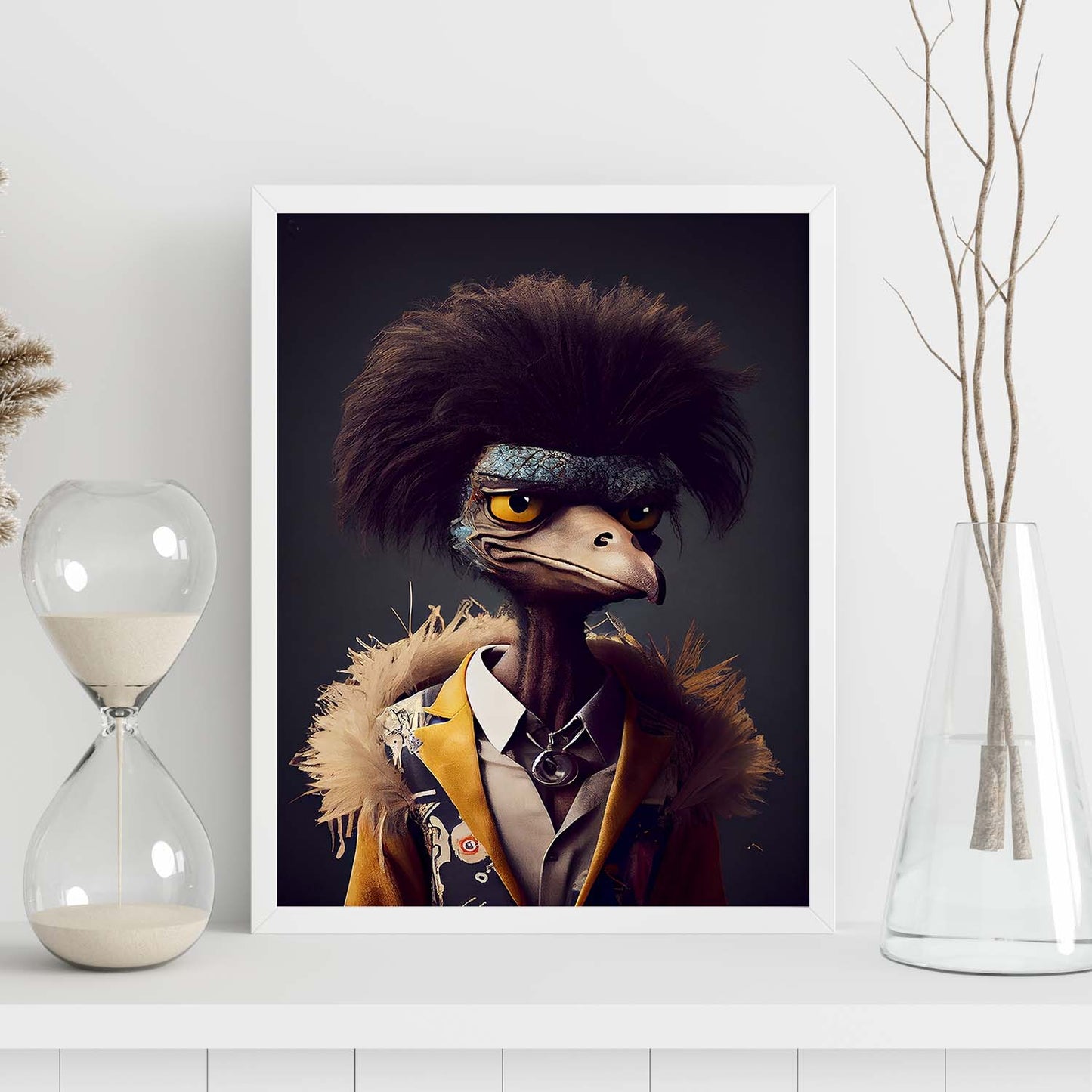 Nacnic un emu vestido con accesorios de ropa humana pequeños. Estampados de arte de pared estético para el diseño de dormitorio o sala de estar.-Artwork-Nacnic-Nacnic Estudio SL