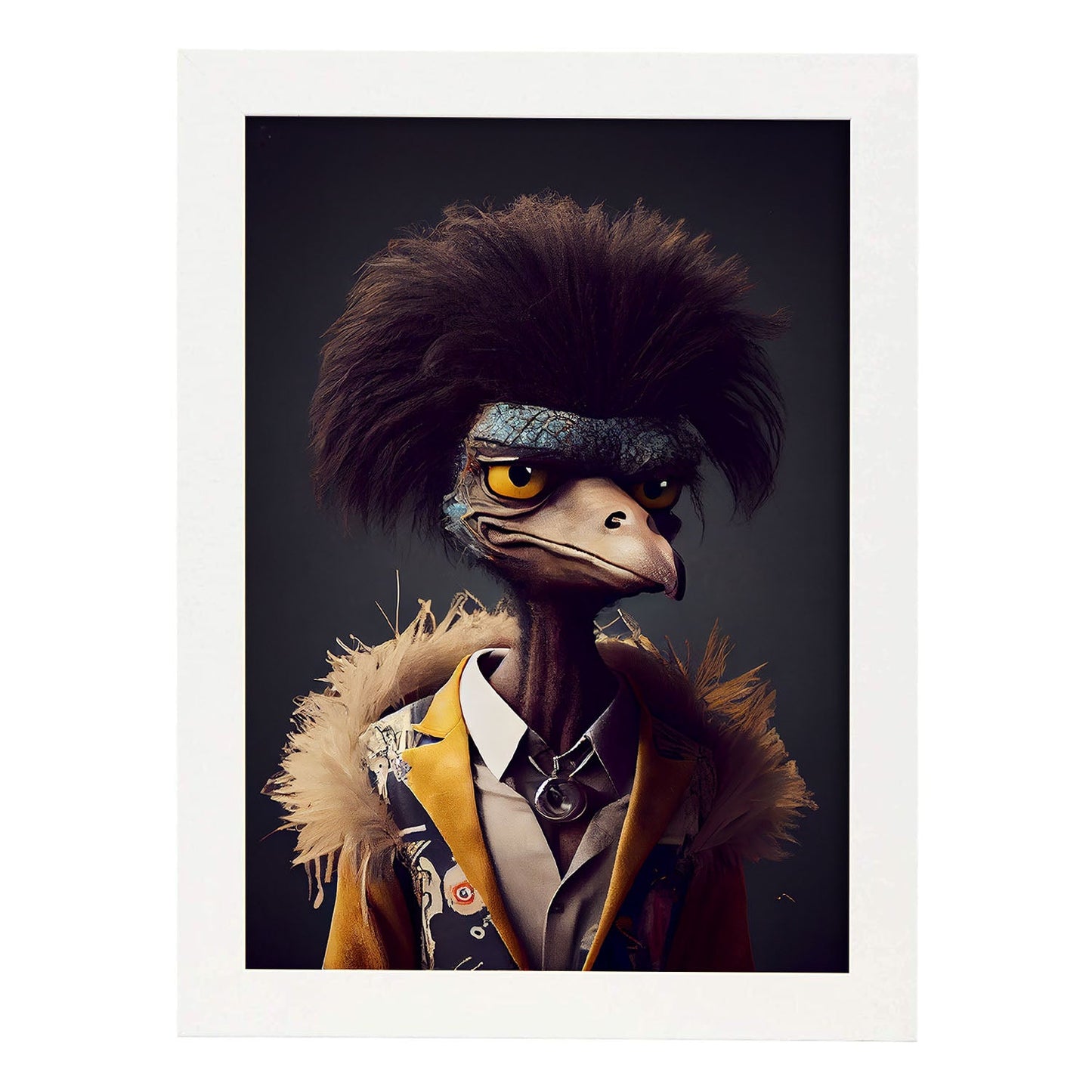 Nacnic un emu vestido con accesorios de ropa humana pequeños. Estampados de arte de pared estético para el diseño de dormitorio o sala de estar.-Artwork-Nacnic-A4-Marco Blanco-Nacnic Estudio SL