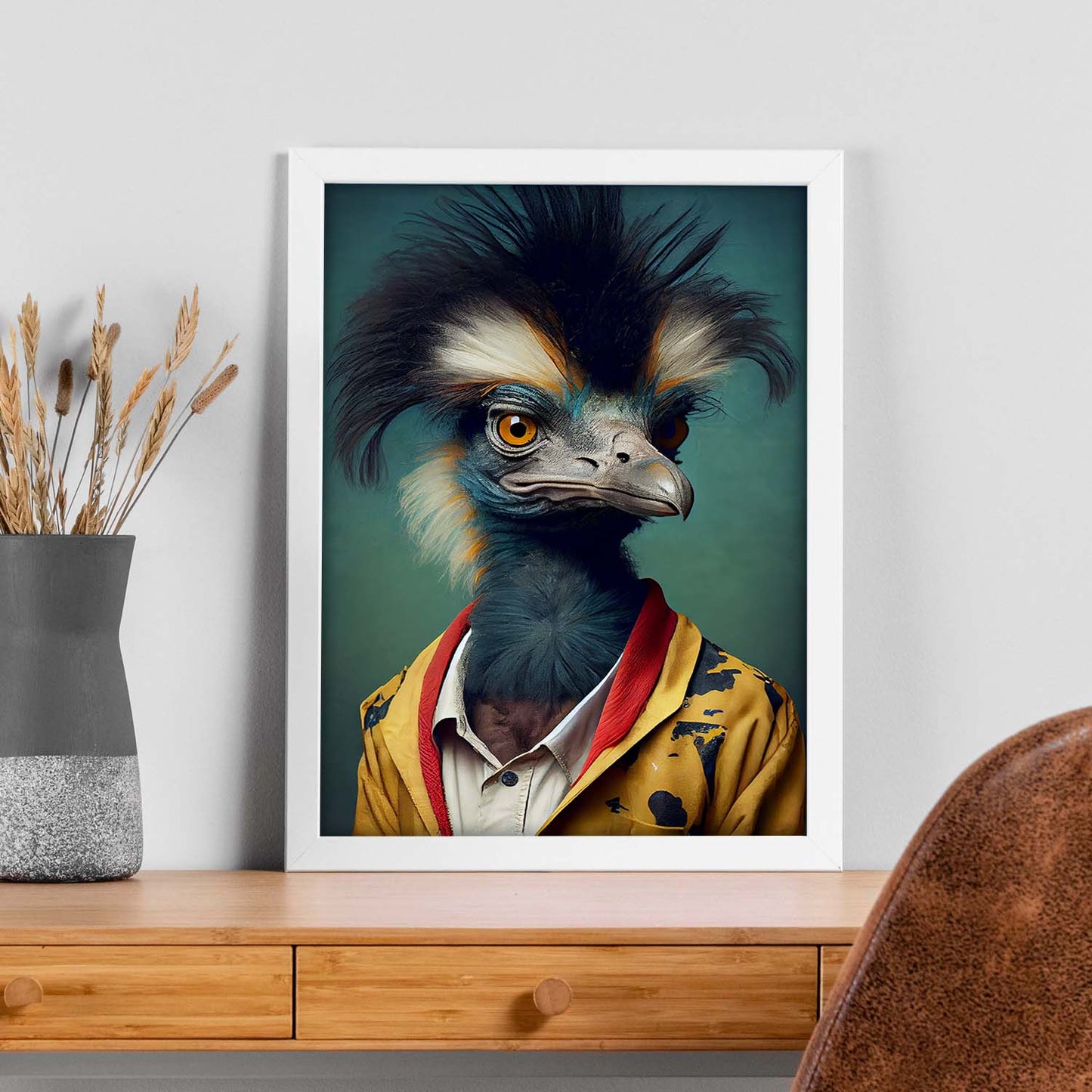 Nacnic Un emu vestido con ropa humana pequeña Smiljean. Estampados de arte de pared estético para el diseño de dormitorio o sala de estar.-Artwork-Nacnic-Nacnic Estudio SL