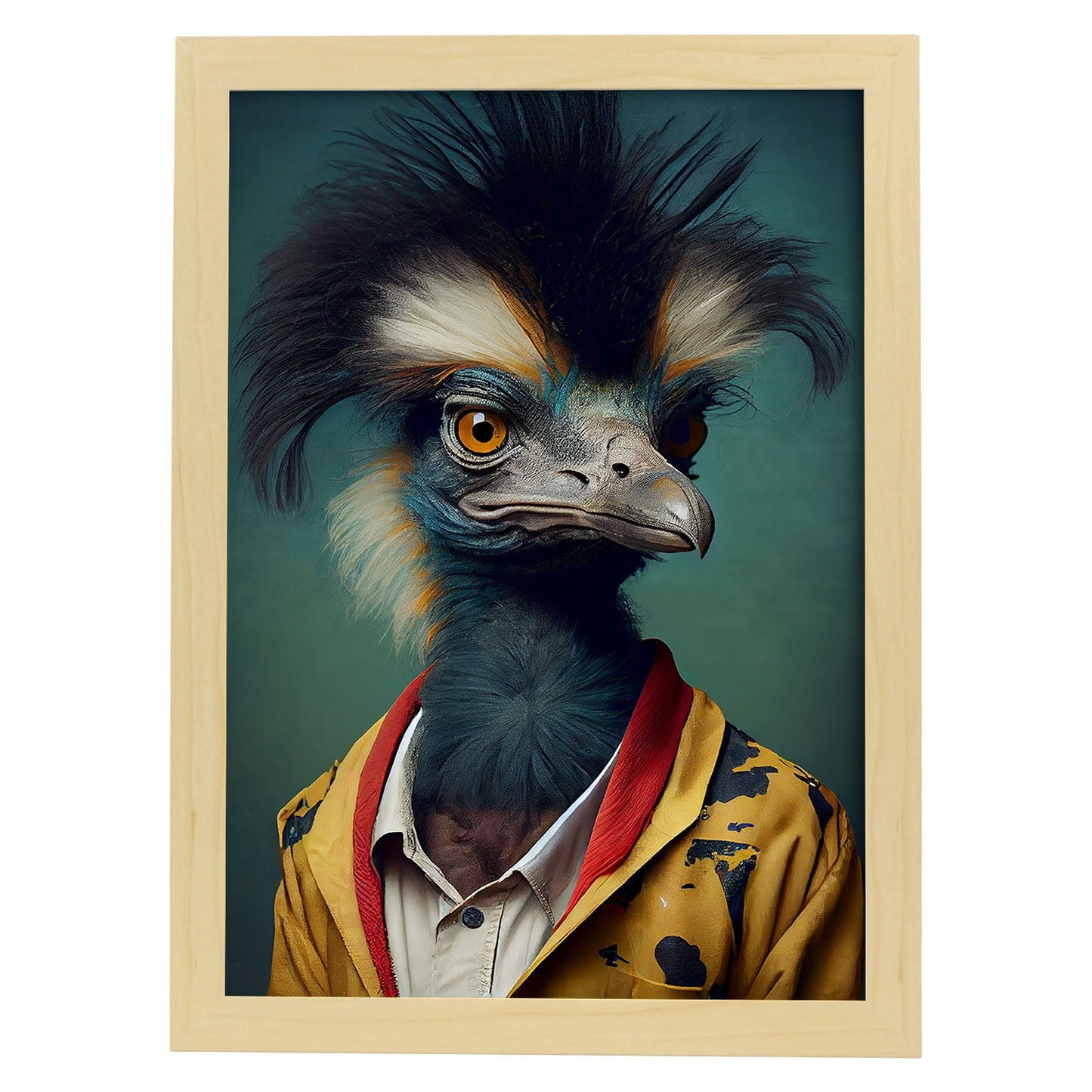 Nacnic Un emu vestido con ropa humana pequeña Smiljean. Estampados de arte de pared estético para el diseño de dormitorio o sala de estar.-Artwork-Nacnic-A3-Marco Madera clara-Nacnic Estudio SL