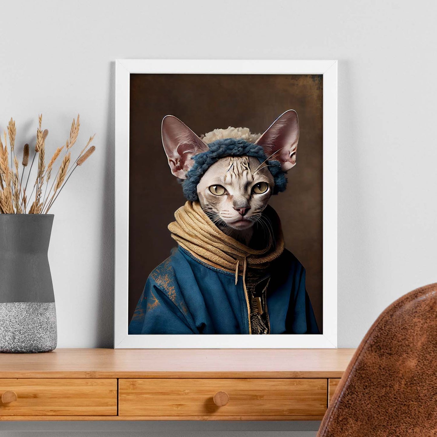 Nacnic un gato tipo cornish rex vestido con ropa humana. Estampados de arte de pared estético para el diseño de dormitorio o sala de estar.-Artwork-Nacnic-Nacnic Estudio SL