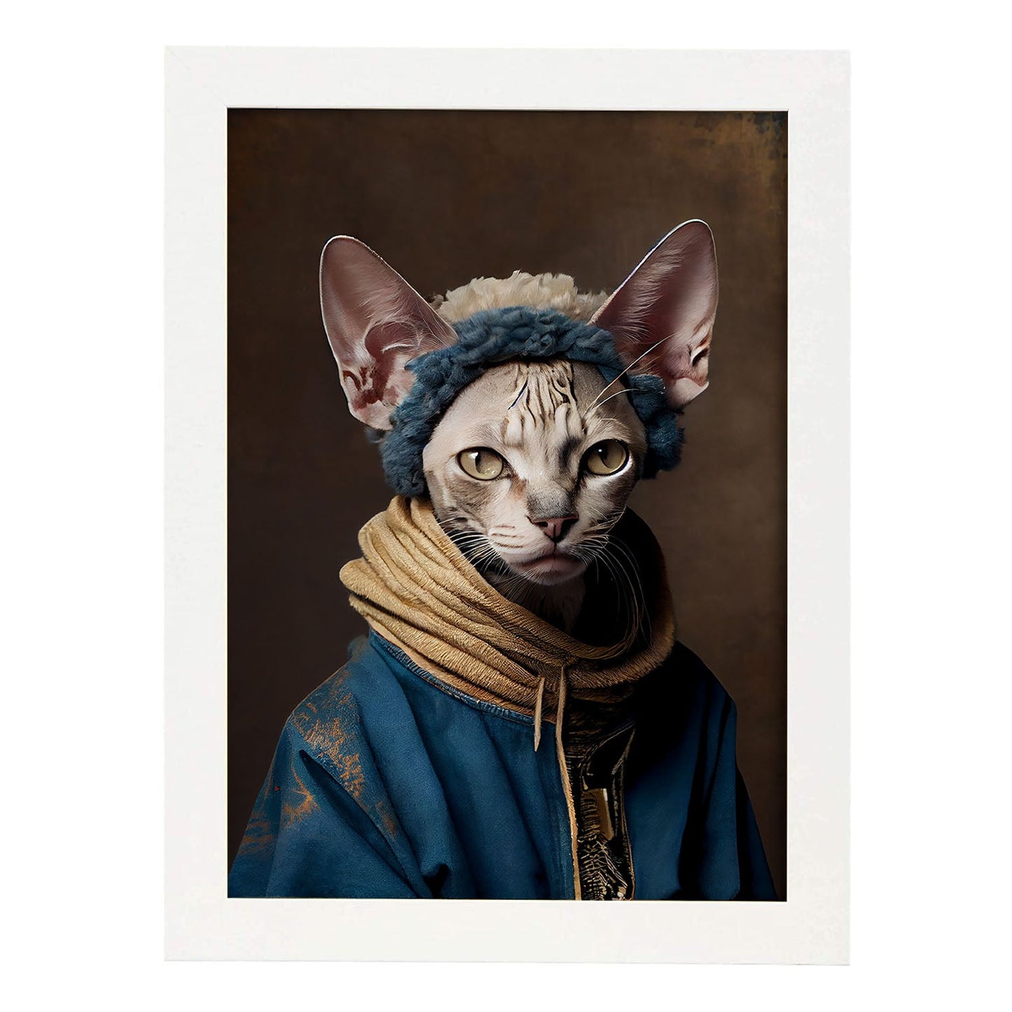 Nacnic un gato tipo cornish rex vestido con ropa humana. Estampados de arte de pared estético para el diseño de dormitorio o sala de estar.-Artwork-Nacnic-A4-Marco Blanco-Nacnic Estudio SL