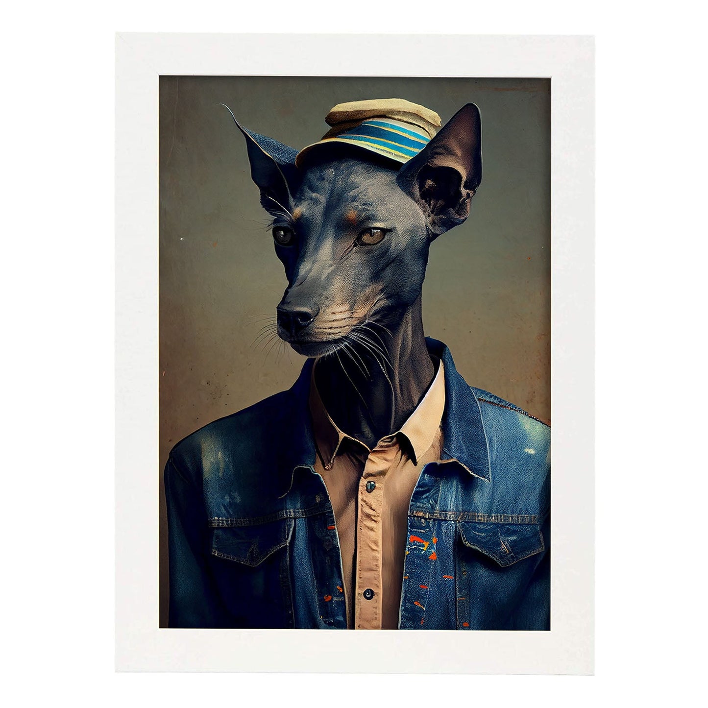 Nacnic un gato tipo Greyhound vestido con ropa humana t. Estampados de arte de pared estético para el diseño de dormitorio o sala de estar.-Artwork-Nacnic-A4-Marco Blanco-Nacnic Estudio SL