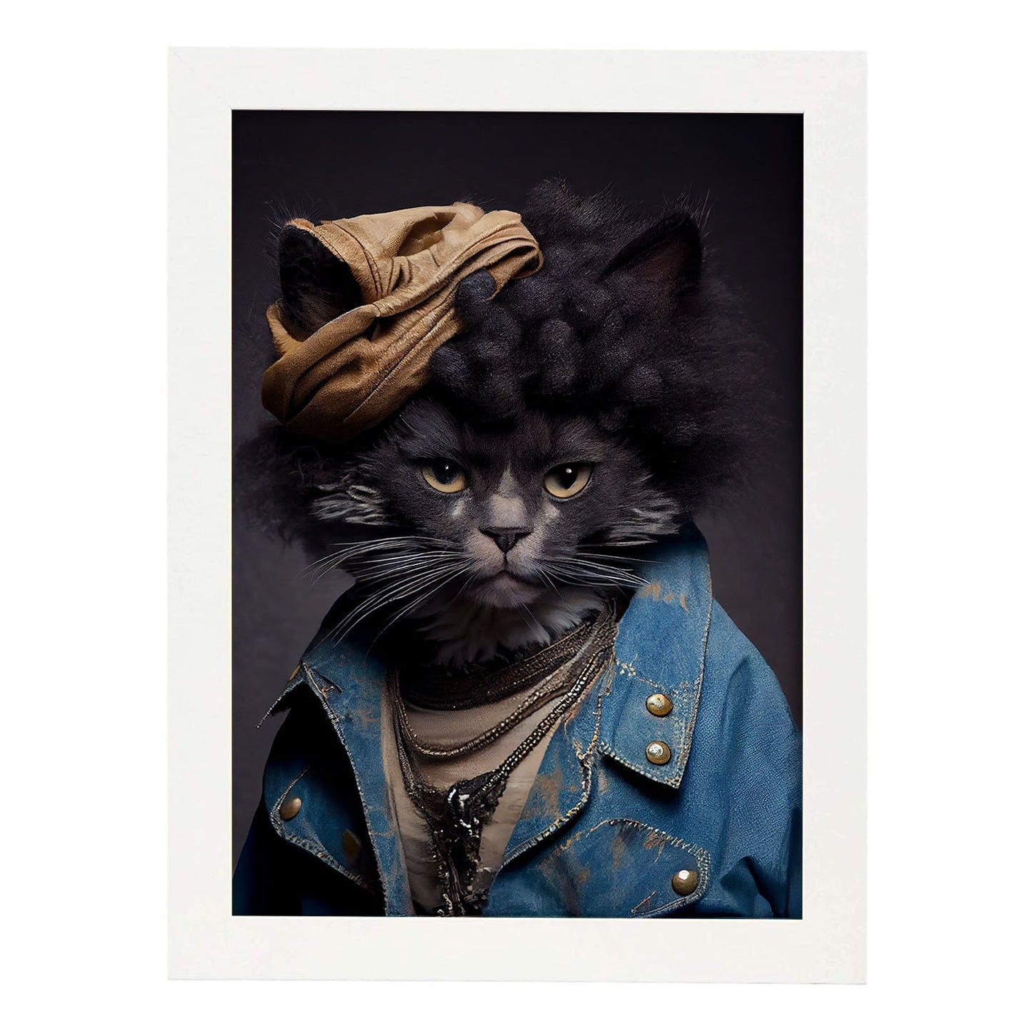 Nacnic un gato tipo laperm vestido con ropa humana pequeña. Estampados de arte de pared estético para el diseño de dormitorio o sala de estar.-Artwork-Nacnic-A4-Marco Blanco-Nacnic Estudio SL