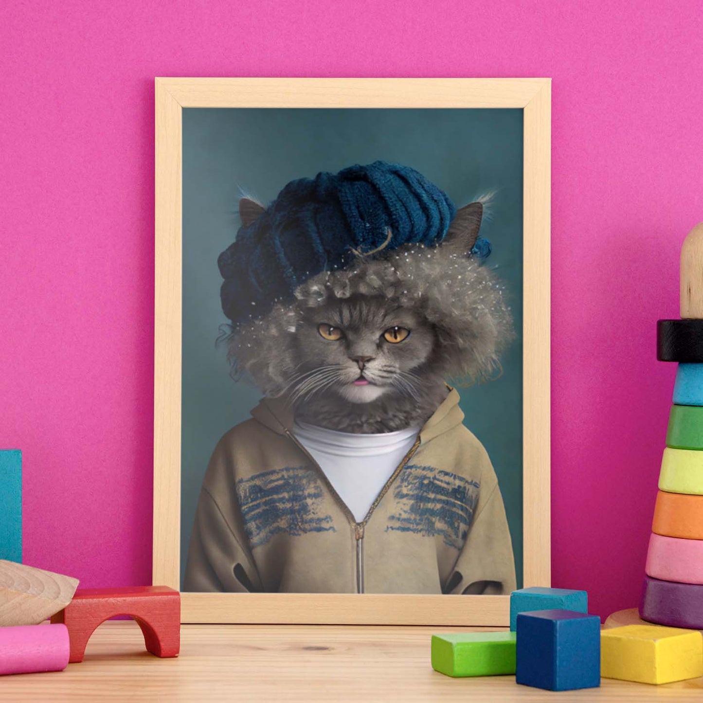 Nacnic un gato tipo selkirk rex vestido con ropa humana. Estampados de arte de pared estético para el diseño de dormitorio o sala de estar.-Artwork-Nacnic-Nacnic Estudio SL