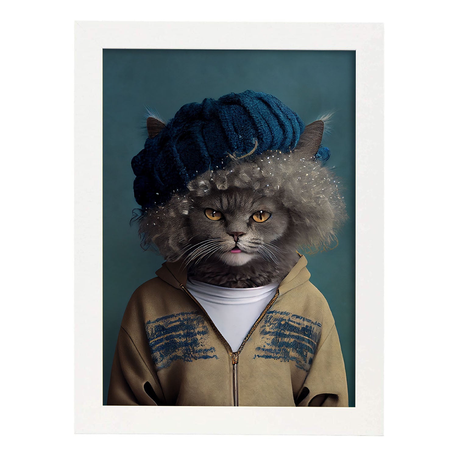 Nacnic un gato tipo selkirk rex vestido con ropa humana. Estampados de arte de pared estético para el diseño de dormitorio o sala de estar.-Artwork-Nacnic-A3-Marco Blanco-Nacnic Estudio SL