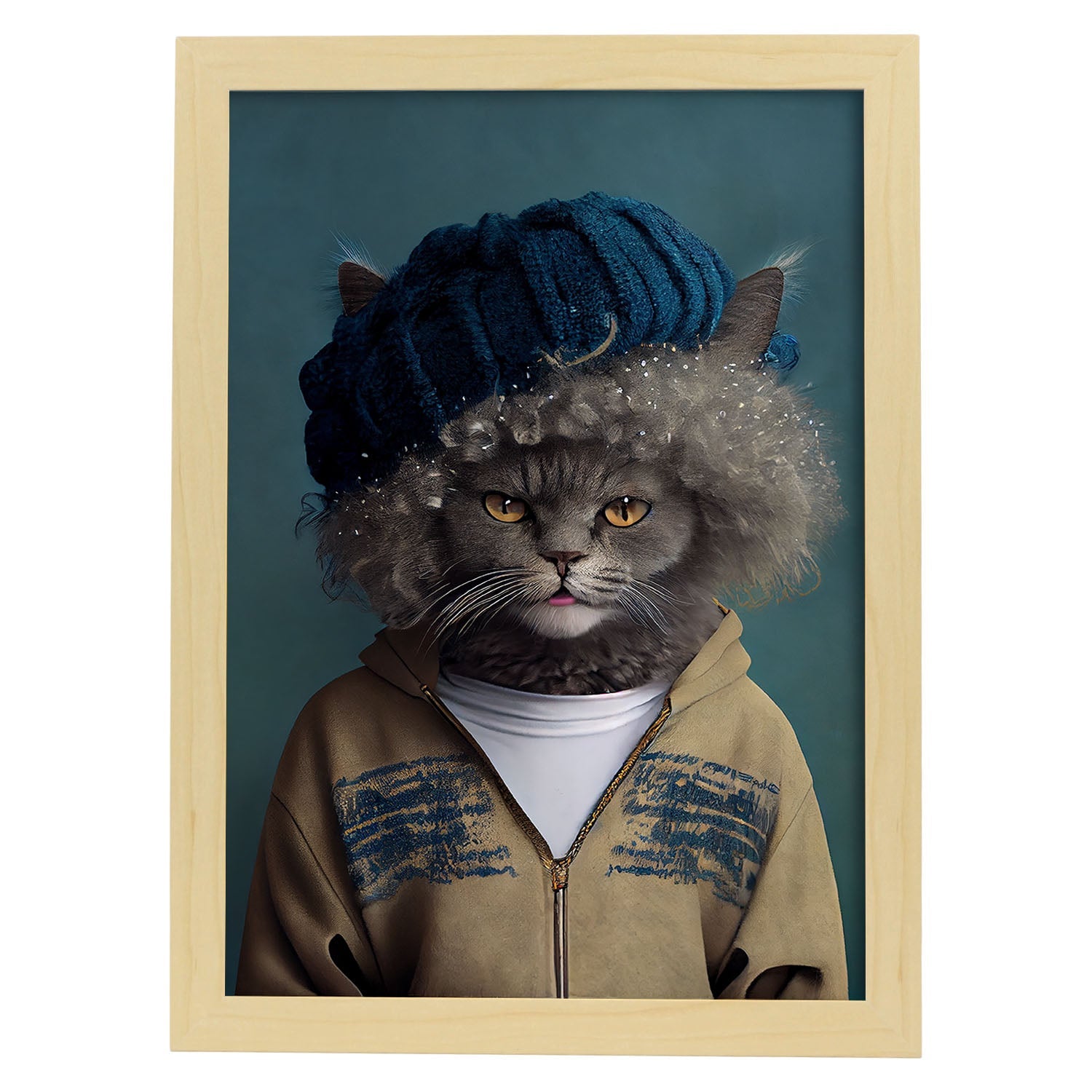 Nacnic un gato tipo selkirk rex vestido con ropa humana. Estampados de arte de pared estético para el diseño de dormitorio o sala de estar.-Artwork-Nacnic-A3-Marco Madera clara-Nacnic Estudio SL