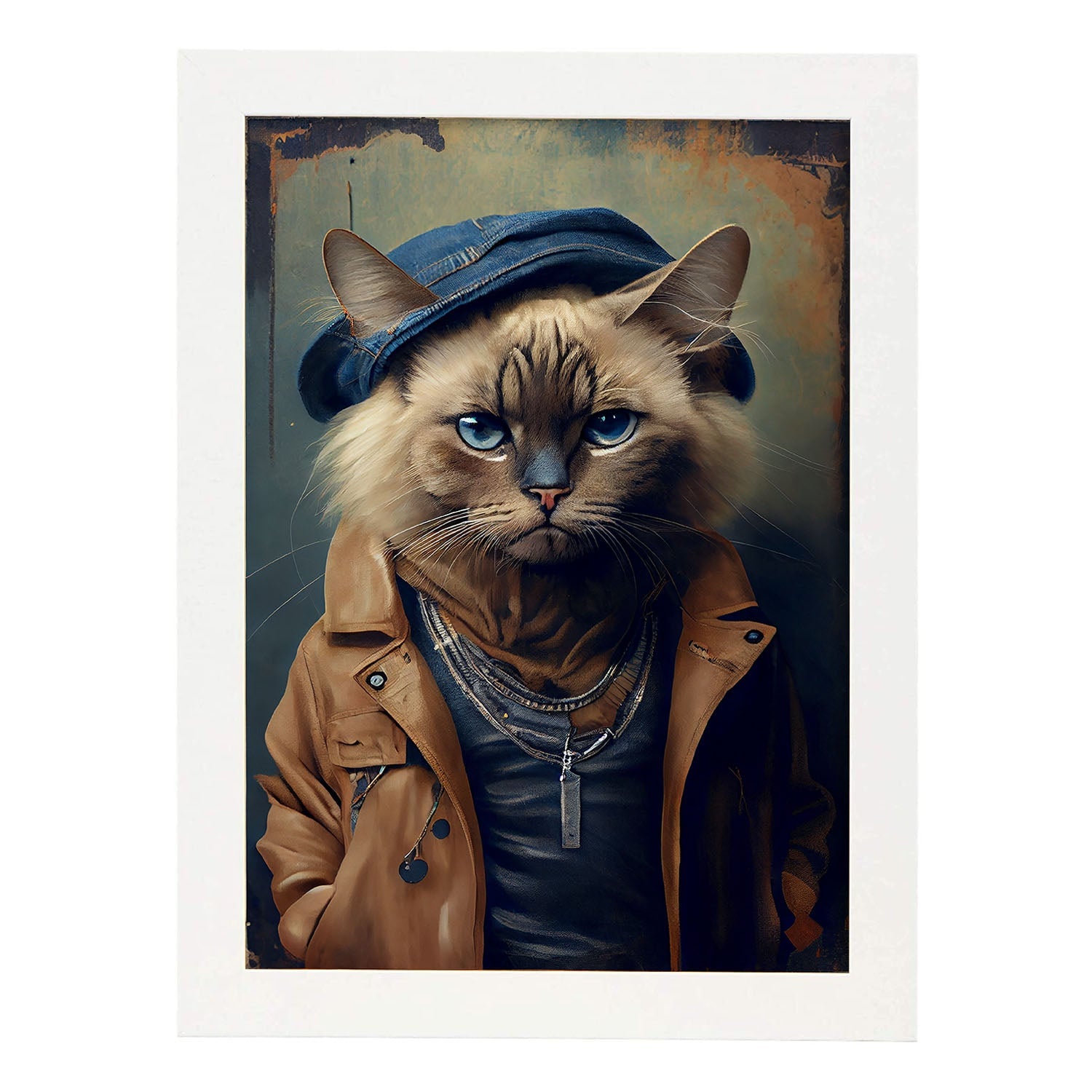 Nacnic un gato tipo selkirk rex vestido con ropa humana. Estampados de arte de pared estético para el diseño de dormitorio o sala de estar.-Artwork-Nacnic-A4-Marco Blanco-Nacnic Estudio SL