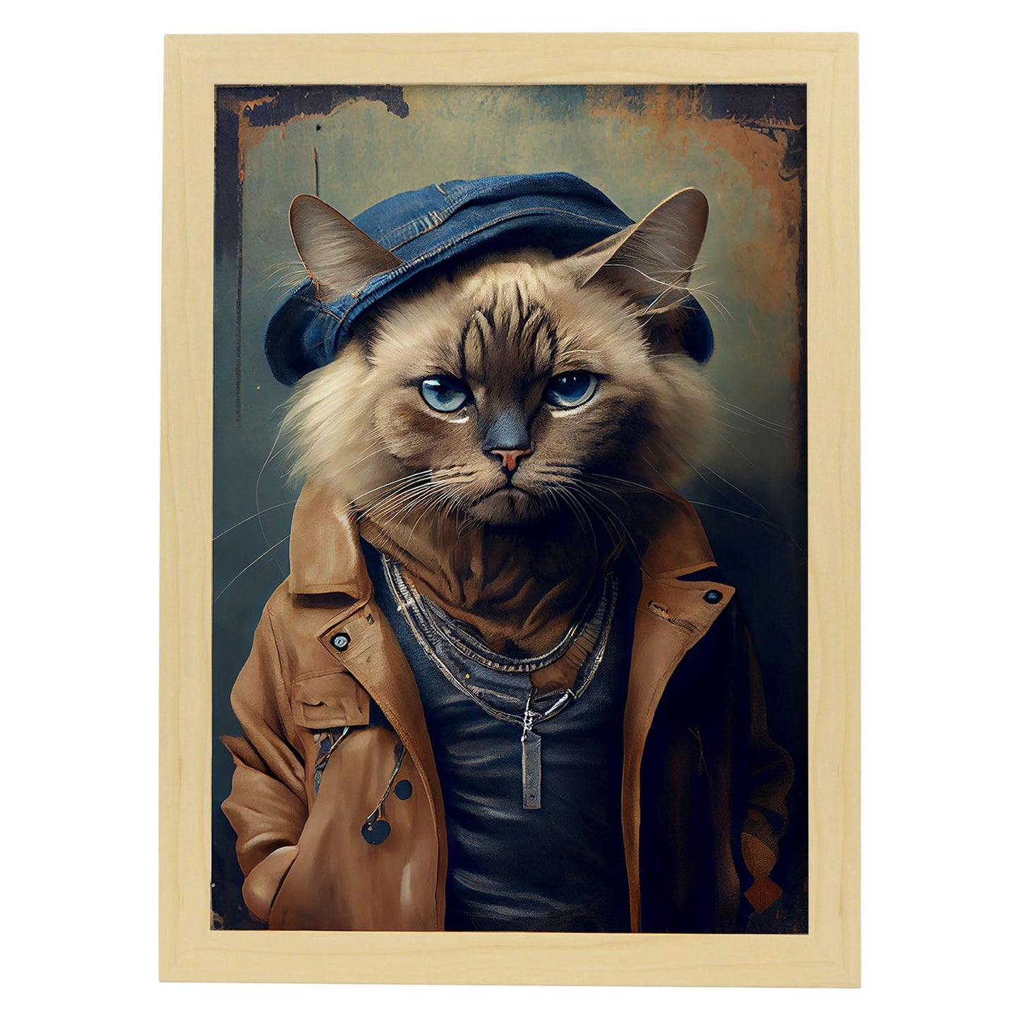 Nacnic un gato tipo selkirk rex vestido con ropa humana. Estampados de arte de pared estético para el diseño de dormitorio o sala de estar.-Artwork-Nacnic-A4-Marco Madera clara-Nacnic Estudio SL