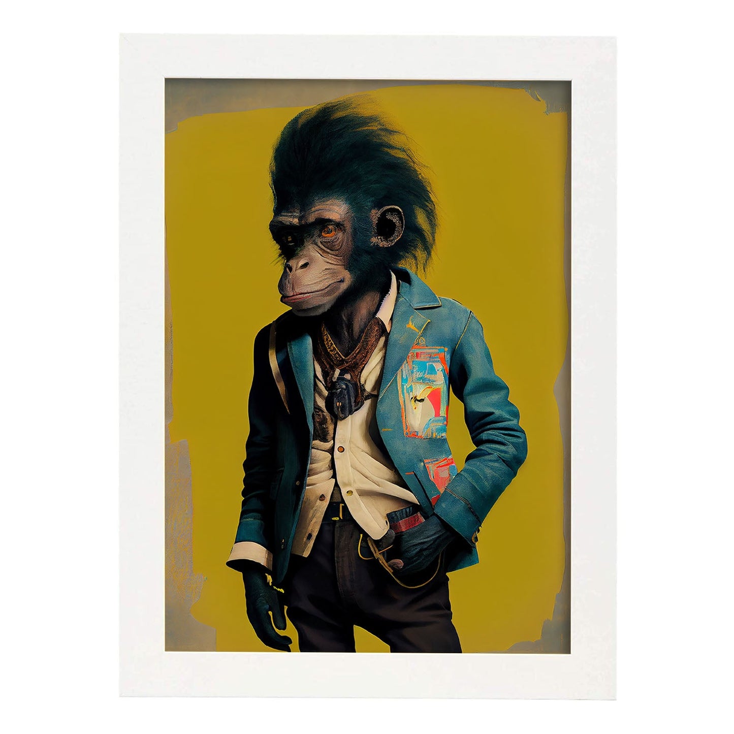 Nacnic Un mono vestido con ropa humana jean. Estampados de arte de pared estético para el diseño de dormitorio o sala de estar.-Artwork-Nacnic-A4-Marco Blanco-Nacnic Estudio SL