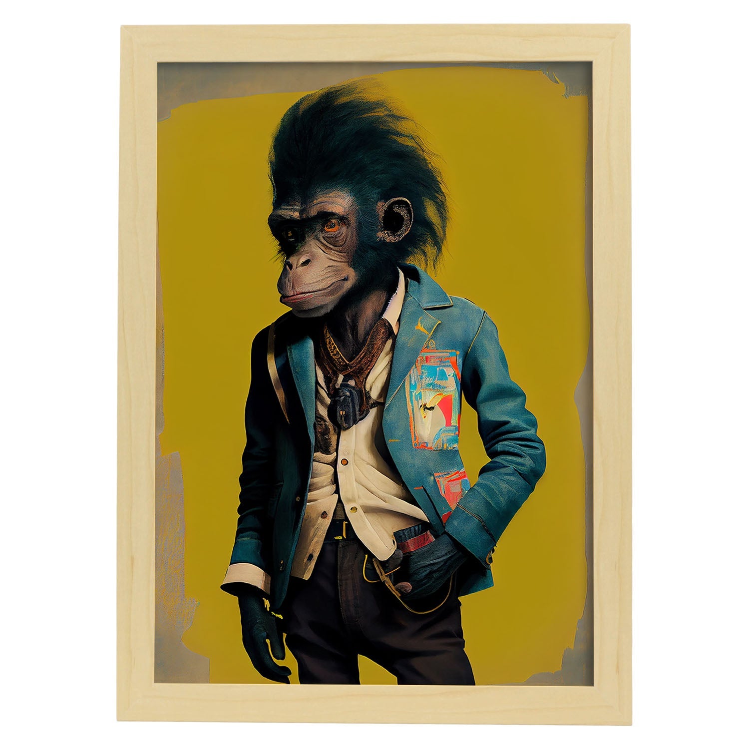 Nacnic Un mono vestido con ropa humana jean. Estampados de arte de pared estético para el diseño de dormitorio o sala de estar.-Artwork-Nacnic-A4-Marco Madera clara-Nacnic Estudio SL