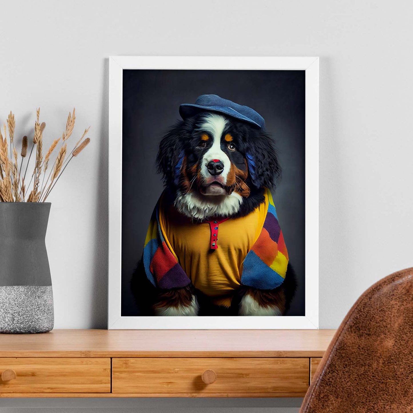 Nacnic, un perro de montaña bernés tipo perro vestido con Huma. Estampados de arte de pared estético para el diseño de dormitorio o sala de estar.-Artwork-Nacnic-Nacnic Estudio SL