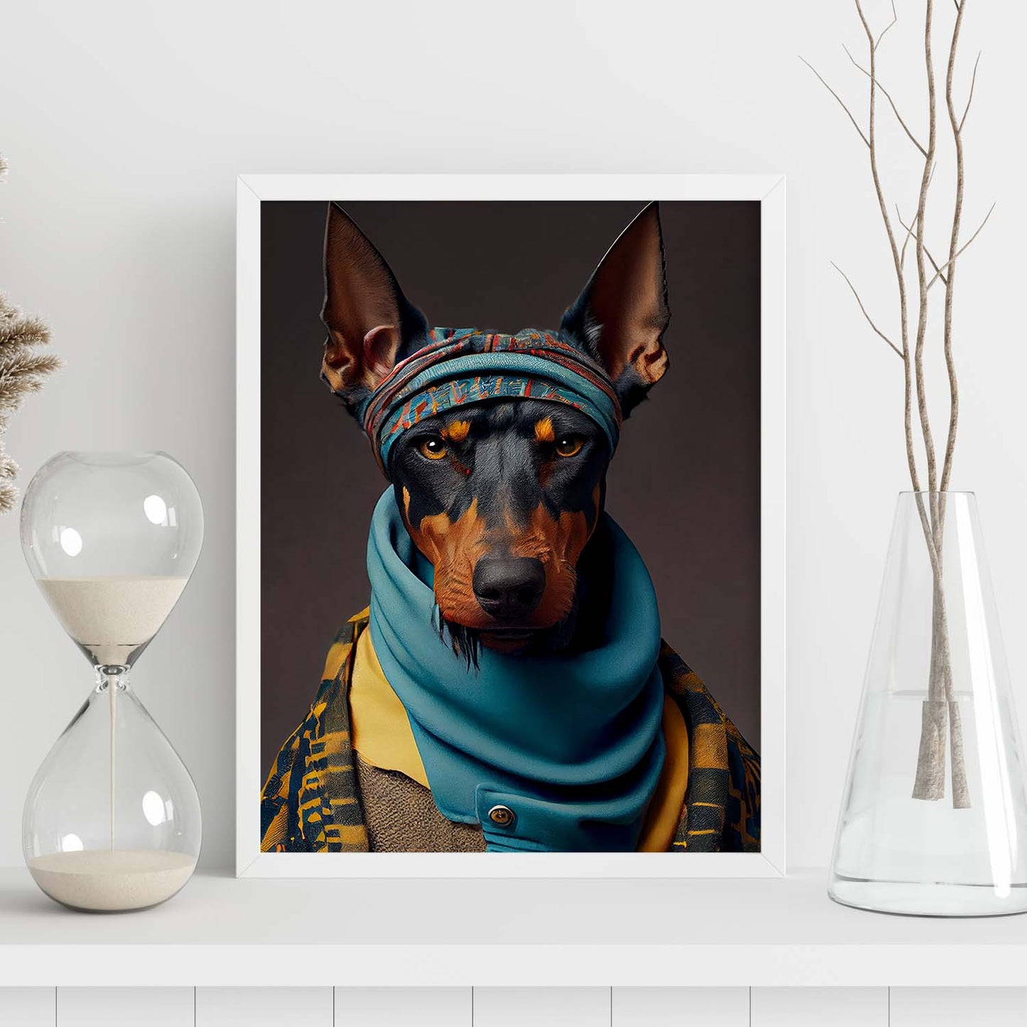 Nacnic, un perro de perro Doberman Pinscher disfrazado de humanos. Estampados de arte de pared estético para el diseño de dormitorio o sala de estar.-Artwork-Nacnic-Nacnic Estudio SL