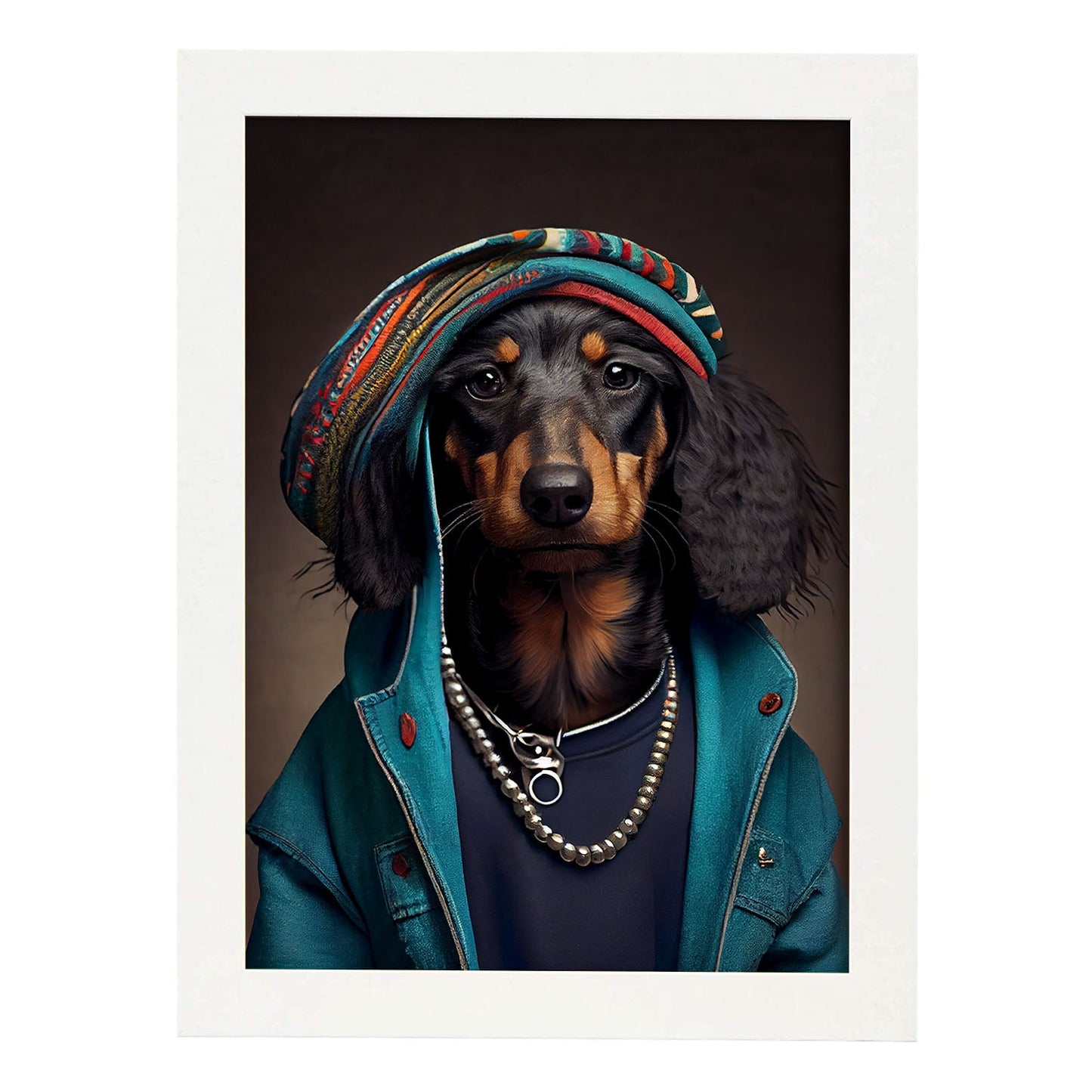 Nacnic un perro salchicha tipo perro vestido con ropa humana t. Estampados de arte de pared estético para el diseño de dormitorio o sala de estar.-Artwork-Nacnic-A4-Marco Blanco-Nacnic Estudio SL