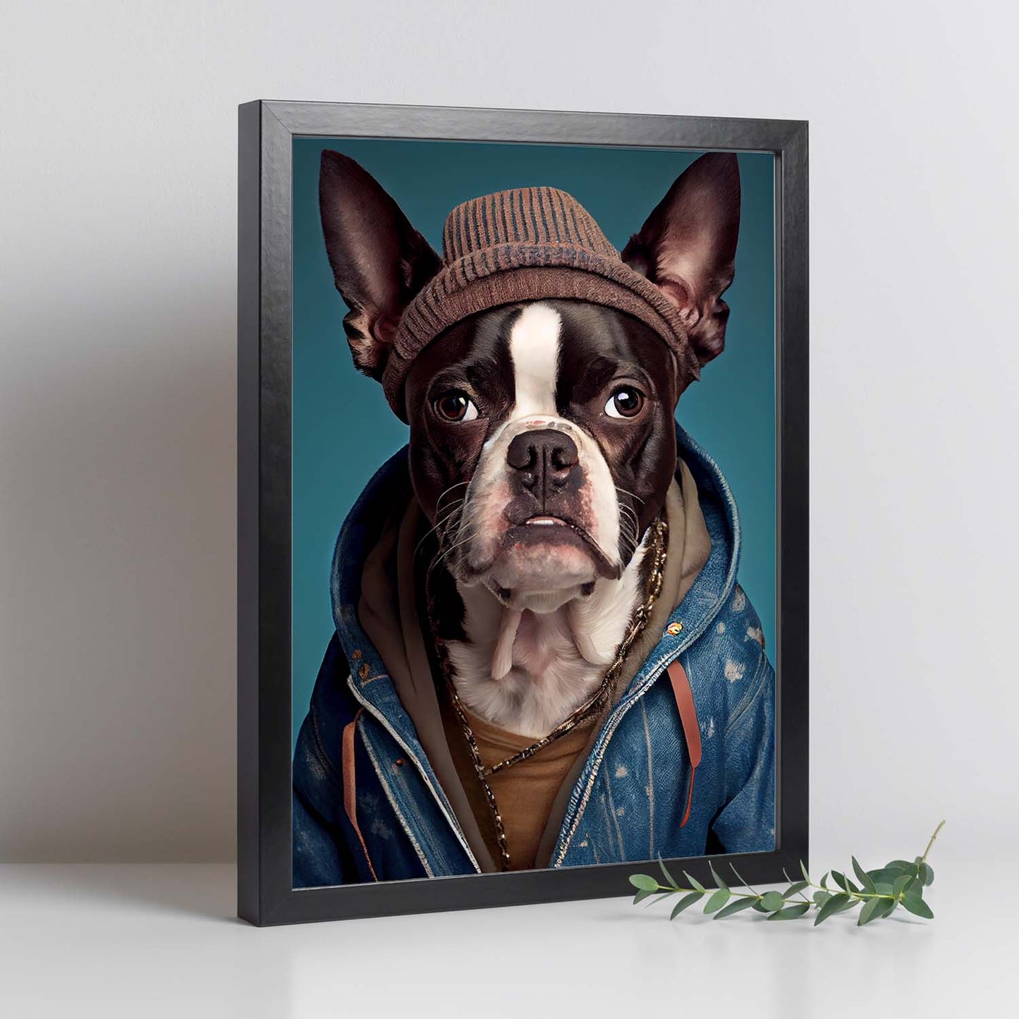 Nacnic Un perro tipo Boston Terrier vestido con coágulo humano. Estampados de arte de pared estético para el diseño de dormitorio o sala de estar.-Artwork-Nacnic-Nacnic Estudio SL