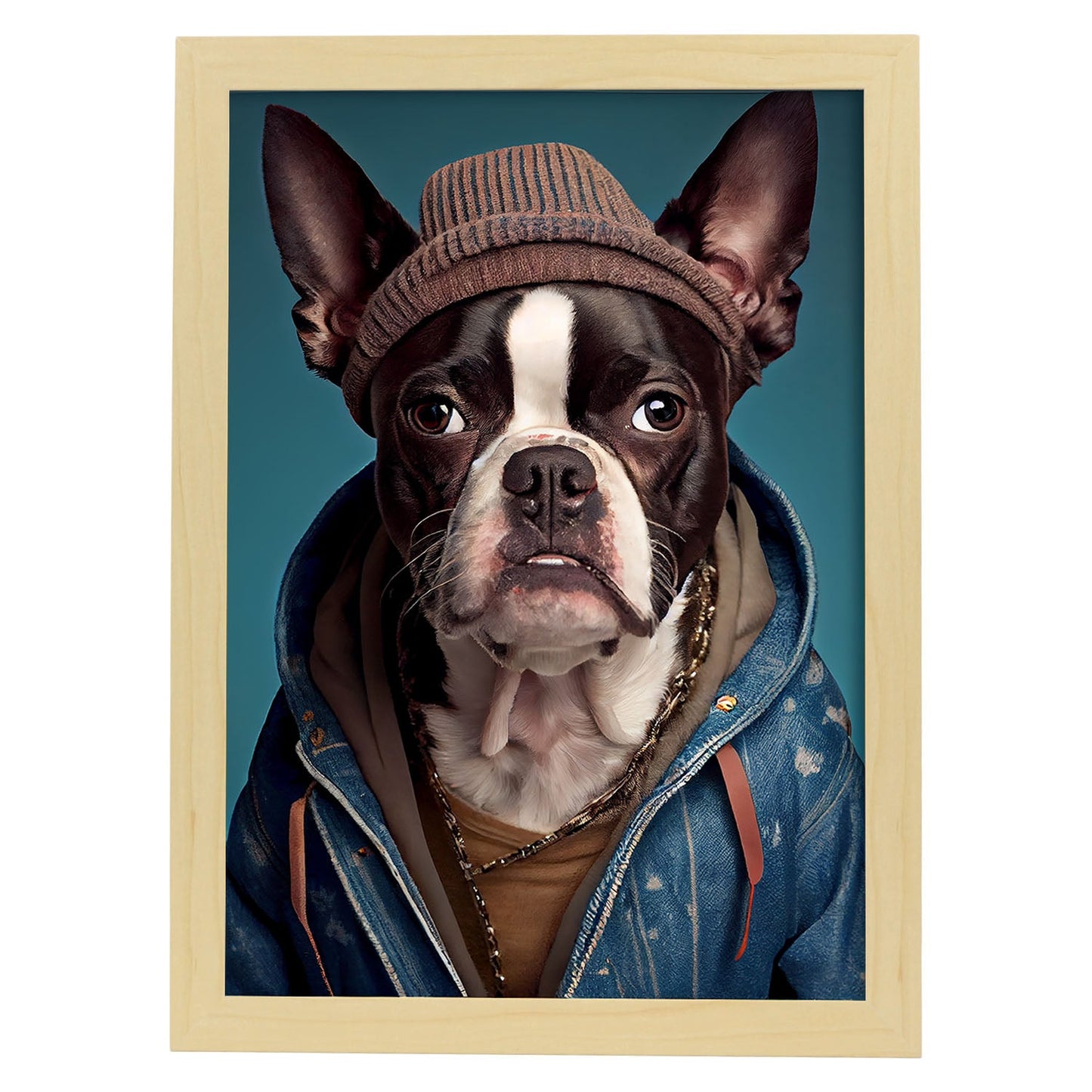 Nacnic Un perro tipo Boston Terrier vestido con coágulo humano. Estampados de arte de pared estético para el diseño de dormitorio o sala de estar.-Artwork-Nacnic-A4-Marco Madera clara-Nacnic Estudio SL