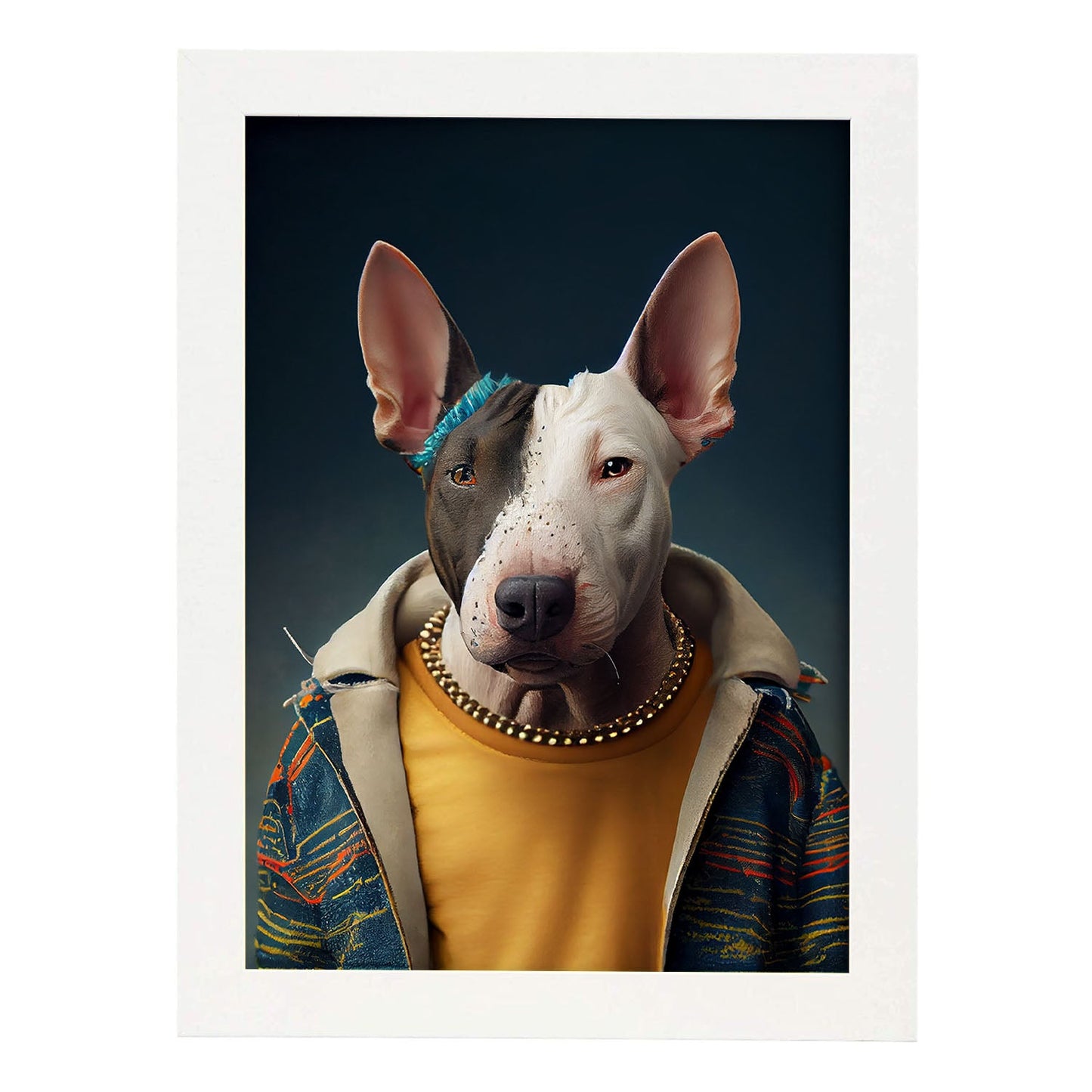 Nacnic, un perro tipo Bull Terrier tipo perro vestido con Hu. Estampados de arte de pared estético para el diseño de dormitorio o sala de estar.-Artwork-Nacnic-A4-Marco Blanco-Nacnic Estudio SL