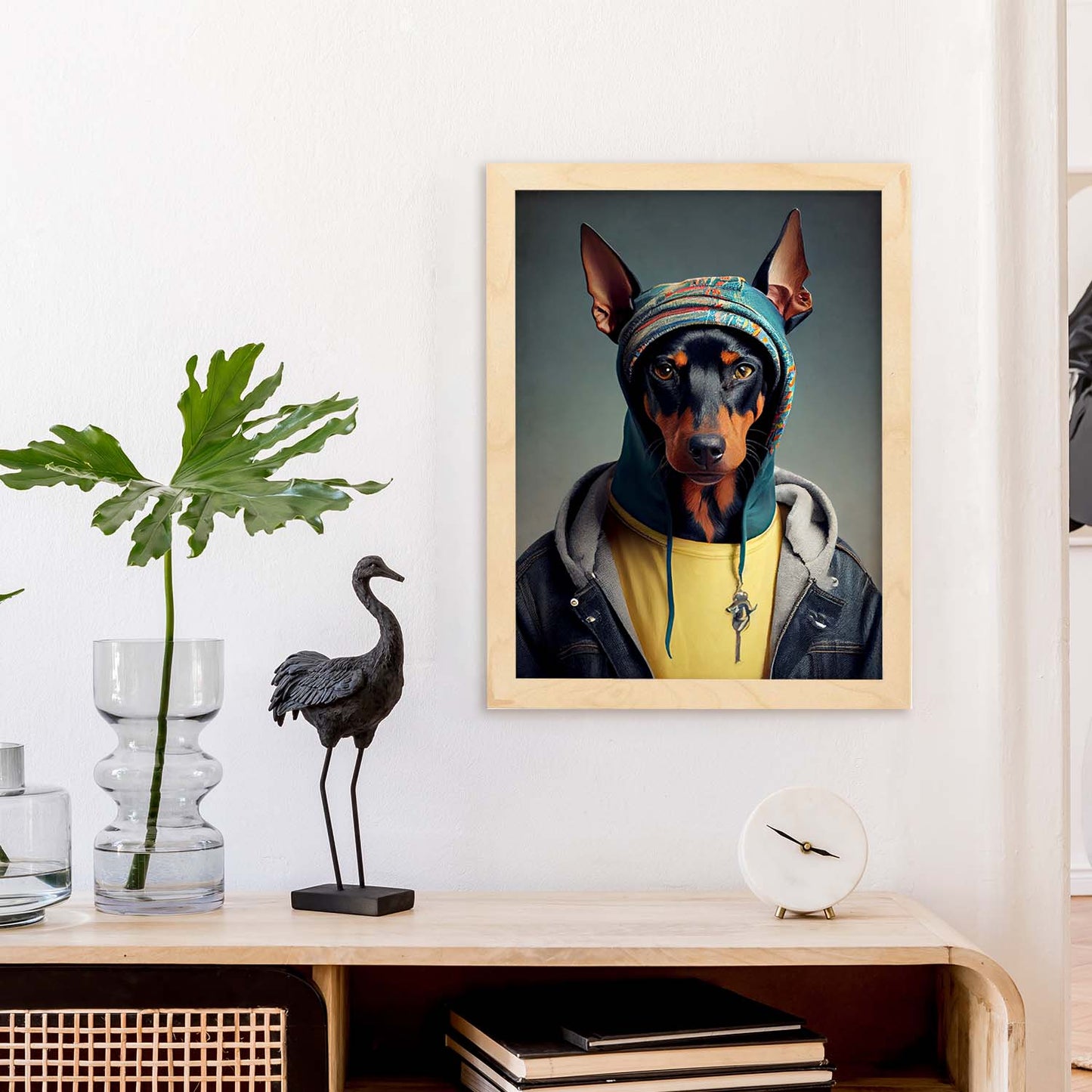 Nacnic Un perro Tipo Doberman Pinscher vestido con humano c. Estampados de arte de pared estético para el diseño de dormitorio o sala de estar.-Artwork-Nacnic-Nacnic Estudio SL