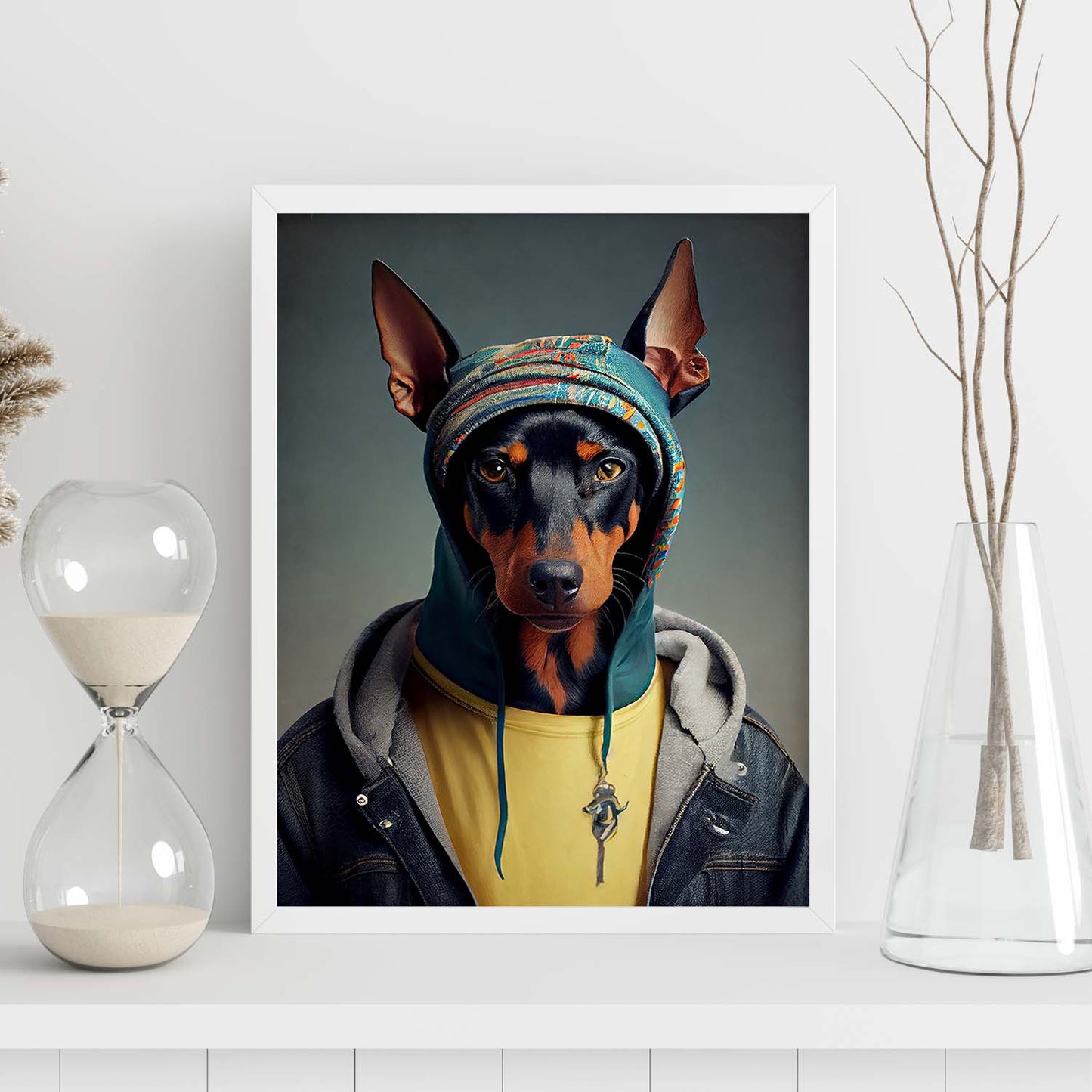 Nacnic Un perro Tipo Doberman Pinscher vestido con humano c. Estampados de arte de pared estético para el diseño de dormitorio o sala de estar.-Artwork-Nacnic-Nacnic Estudio SL
