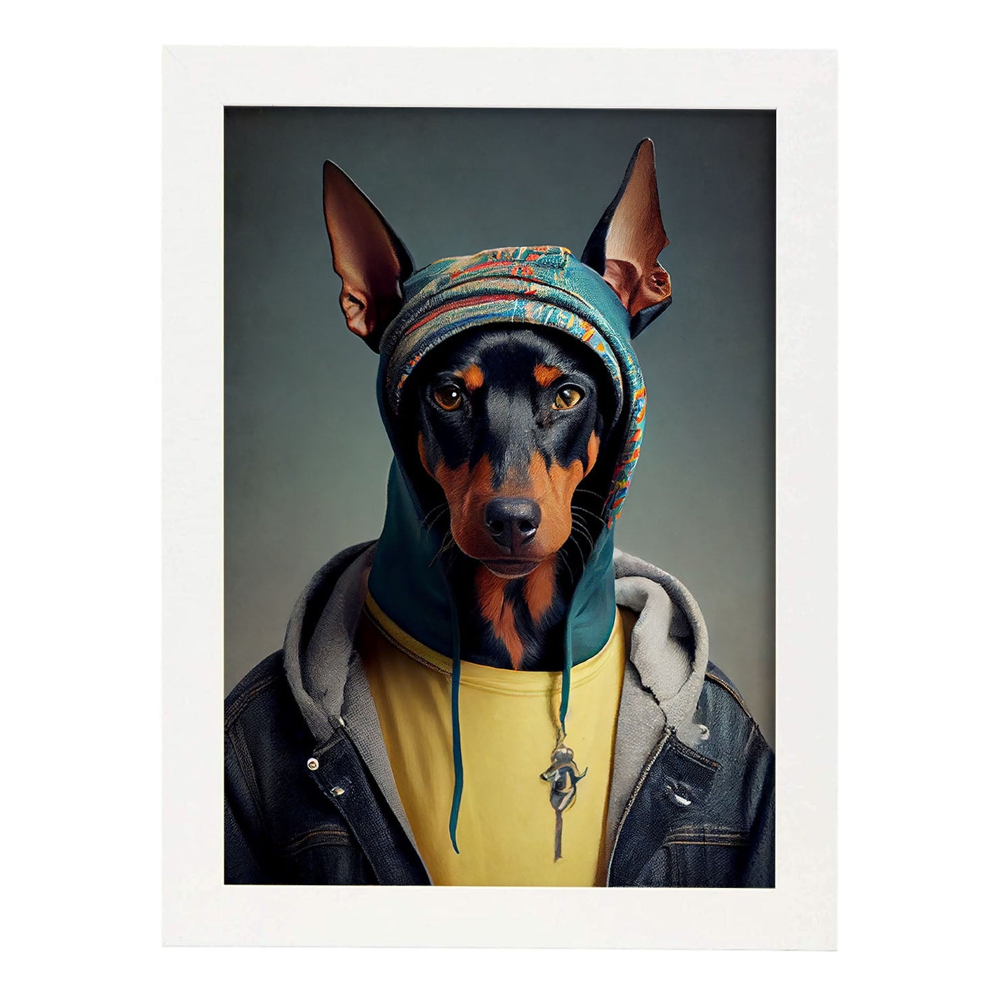 Nacnic Un perro Tipo Doberman Pinscher vestido con humano c. Estampados de arte de pared estético para el diseño de dormitorio o sala de estar.-Artwork-Nacnic-A3-Marco Blanco-Nacnic Estudio SL
