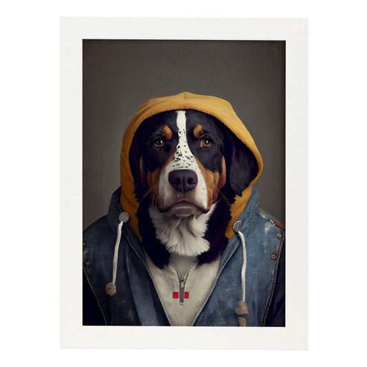 Nacnic Un perro tipo perro de montaña Suiza Mayor vestido con ingenio. Estampados de arte de pared estético para el diseño de dormitorio o sala de estar.-Artwork-Nacnic-A4-Marco Blanco-Nacnic Estudio SL
