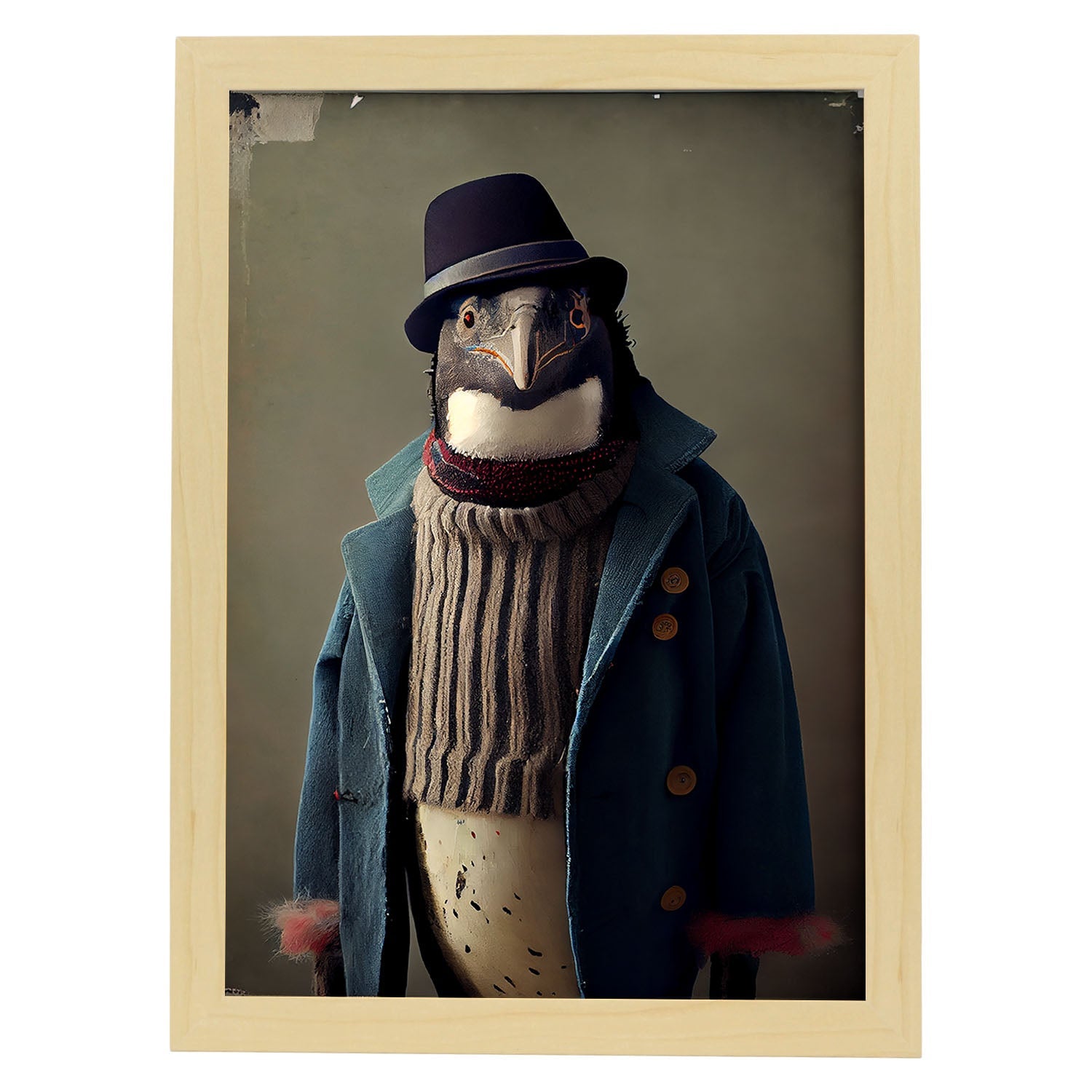 Nacnic Un pingüino vestido con ropa humana pequeña. Estampados de arte de pared estético para el diseño de dormitorio o sala de estar.-Artwork-Nacnic-A3-Marco Madera clara-Nacnic Estudio SL