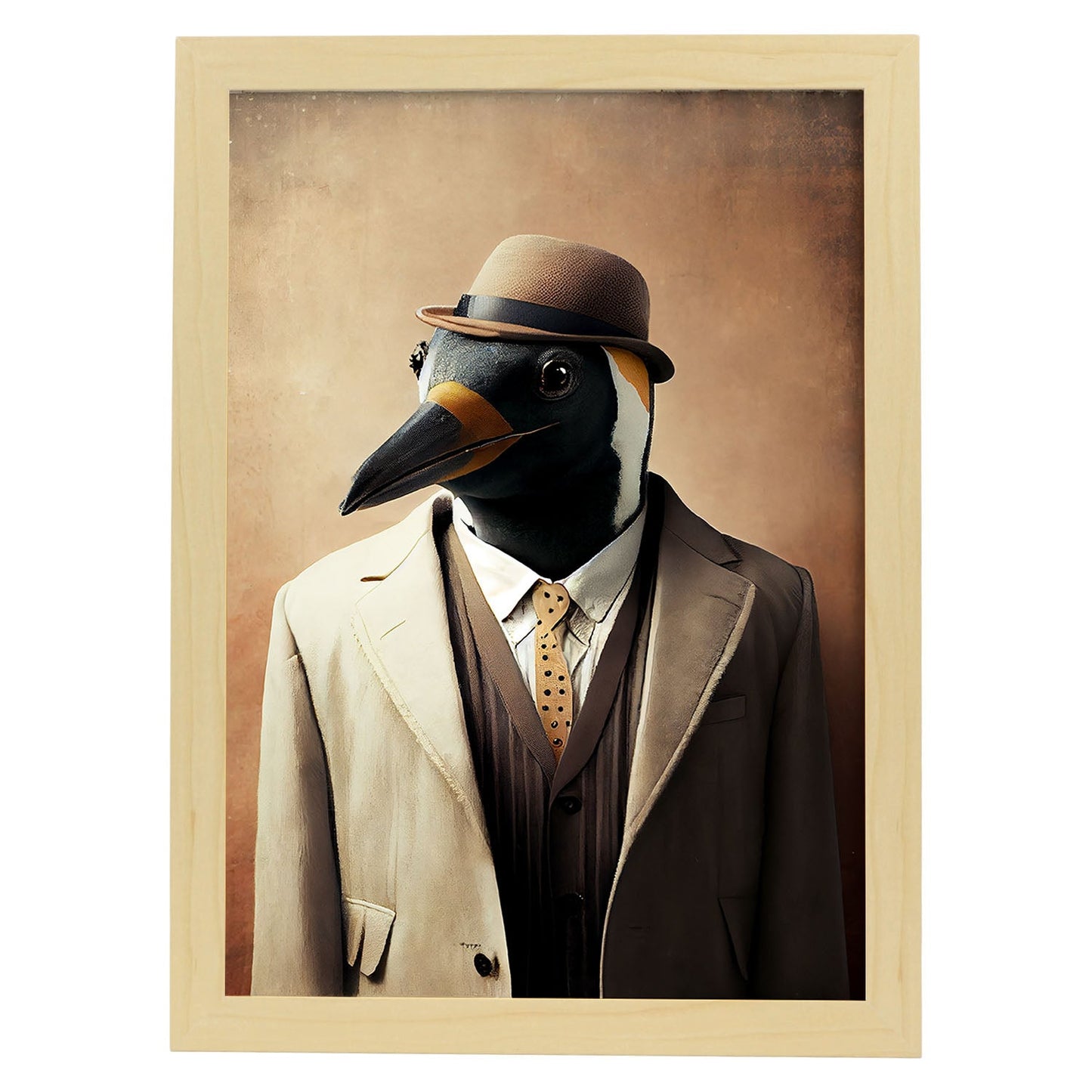 Nacnic Un pingüino vestido con ropa humana pequeña. Estampados de arte de pared estético para el diseño de dormitorio o sala de estar.-Artwork-Nacnic-A4-Marco Madera clara-Nacnic Estudio SL