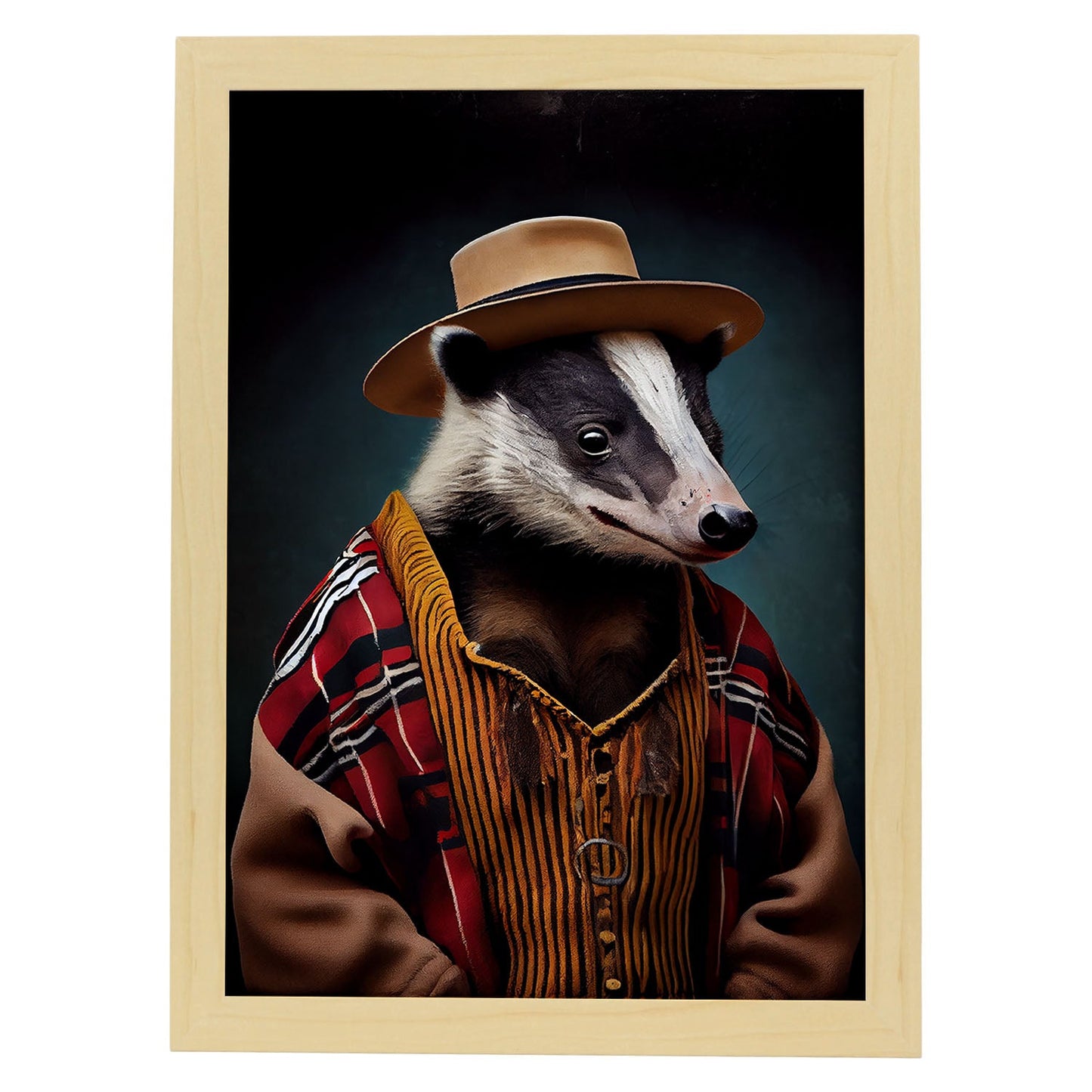 Nacnic un tejón vestido con ropa humana pequeña sonrisa. Estampados de arte de pared estético para el diseño de dormitorio o sala de estar.-Artwork-Nacnic-A4-Marco Madera clara-Nacnic Estudio SL