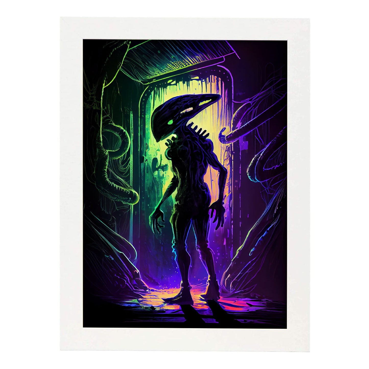 Nacnic una escena de película de la figura dinámica de estilo alienígena Pixar. Estampados de arte de pared estético para el diseño de dormitorio o sala de estar.-Artwork-Nacnic-A4-Marco Blanco-Nacnic Estudio SL