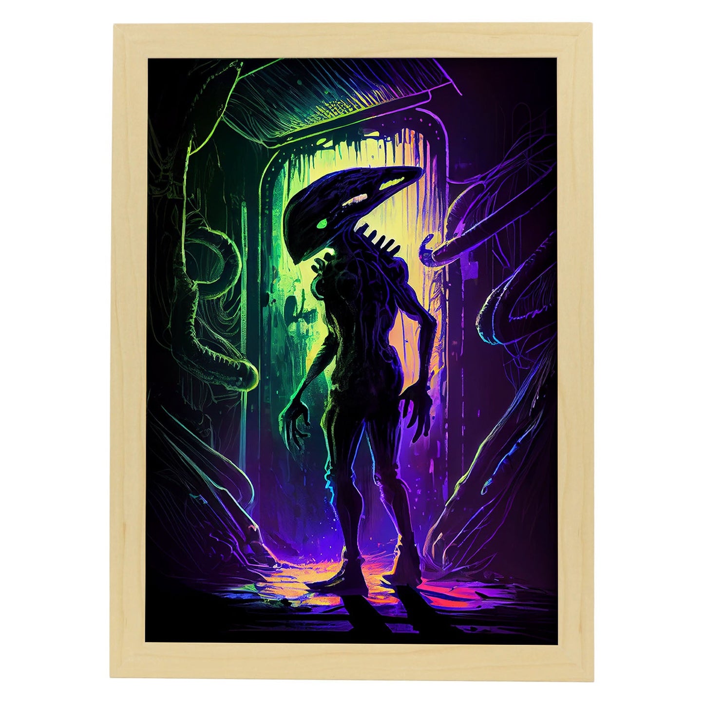 Nacnic una escena de película de la figura dinámica de estilo alienígena Pixar. Estampados de arte de pared estético para el diseño de dormitorio o sala de estar.-Artwork-Nacnic-A4-Marco Madera clara-Nacnic Estudio SL