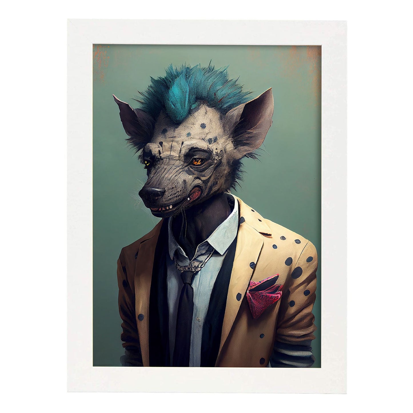 Nacnic una hiena vestida con ropa humana. Estampados de arte de pared estético para el diseño de dormitorio o sala de estar.-Artwork-Nacnic-A4-Marco Blanco-Nacnic Estudio SL
