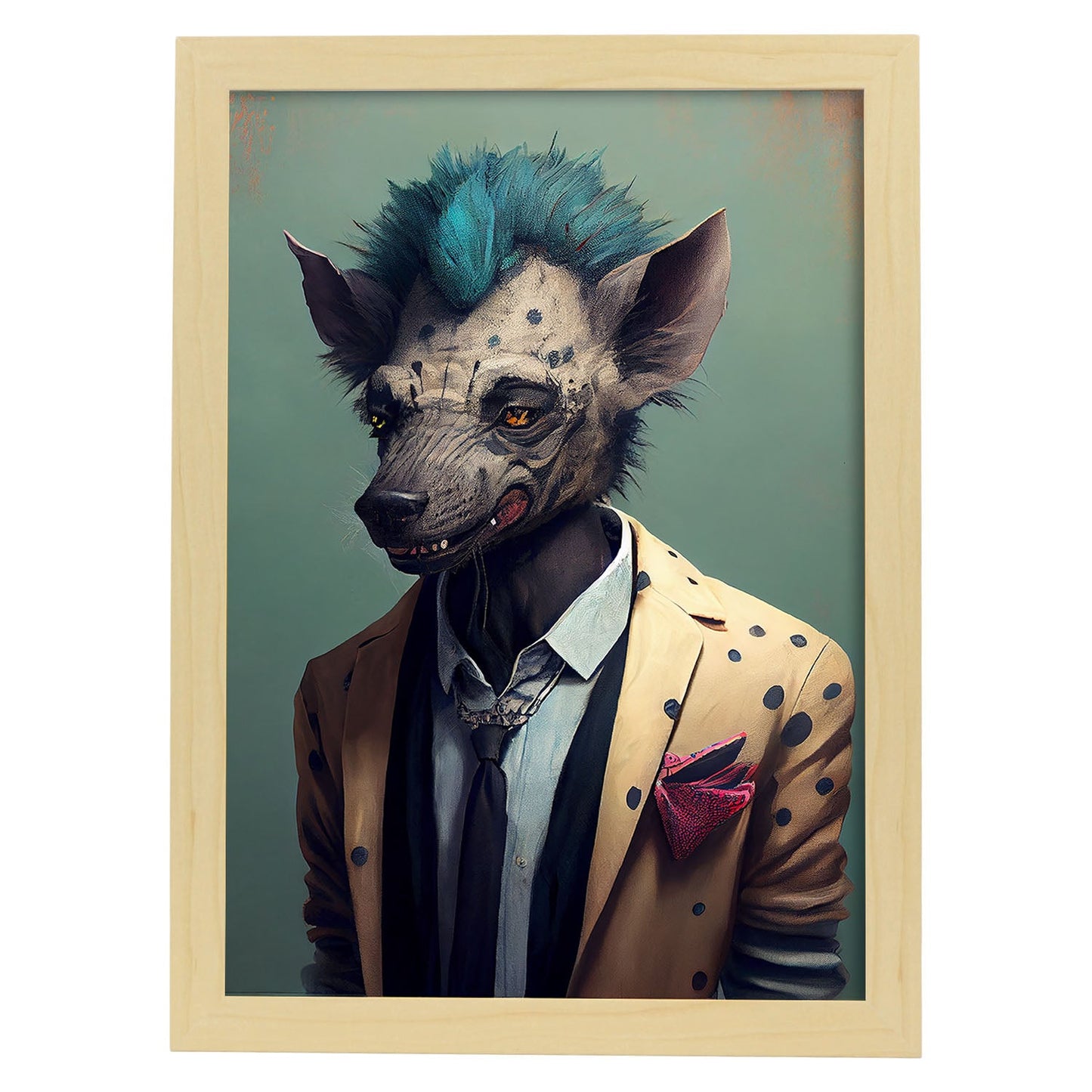 Nacnic una hiena vestida con ropa humana. Estampados de arte de pared estético para el diseño de dormitorio o sala de estar.-Artwork-Nacnic-A4-Marco Madera clara-Nacnic Estudio SL