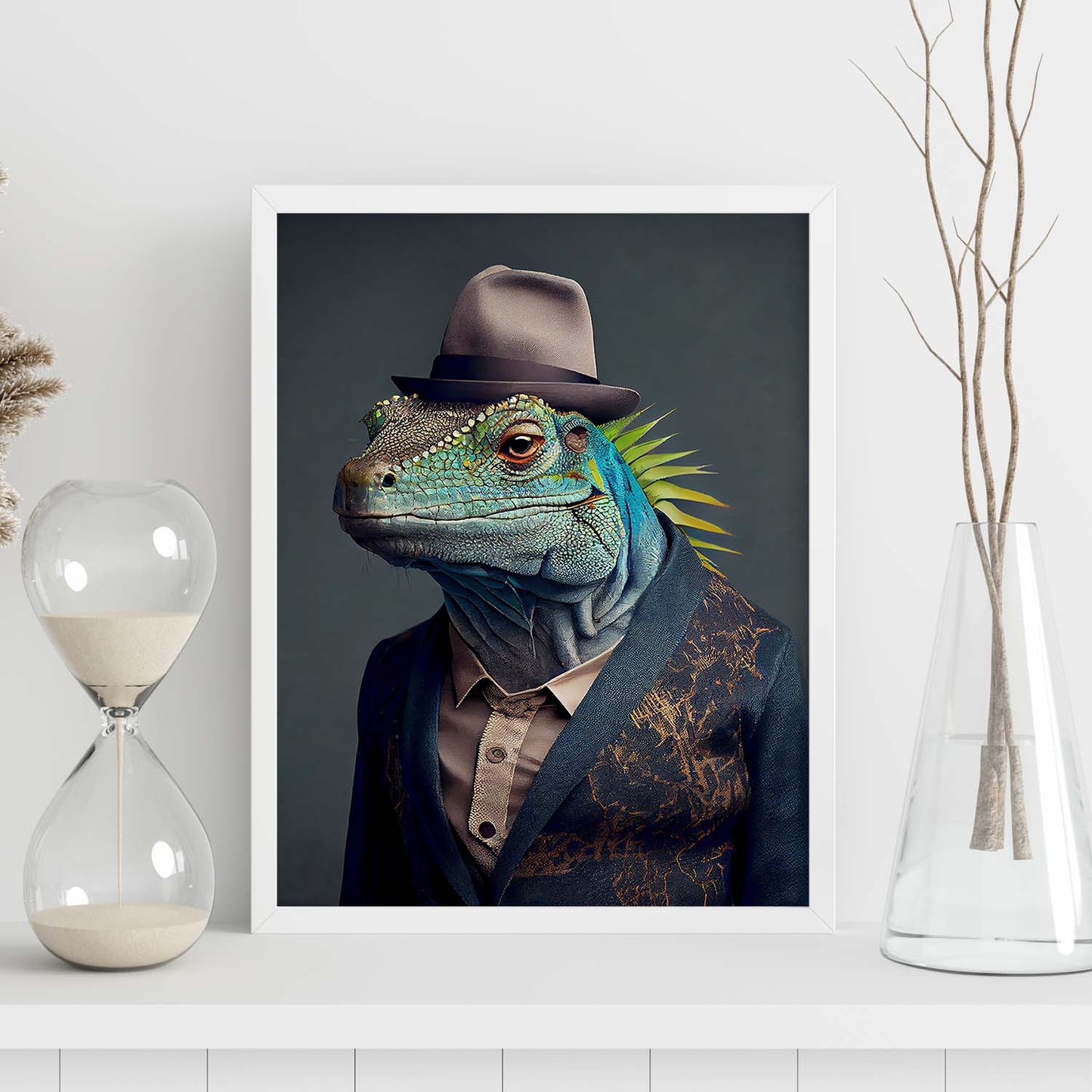 Nacnic una iguana vestida con ropa humana pequeña sonrisa. Estampados de arte de pared estético para el diseño de dormitorio o sala de estar.-Artwork-Nacnic-Nacnic Estudio SL