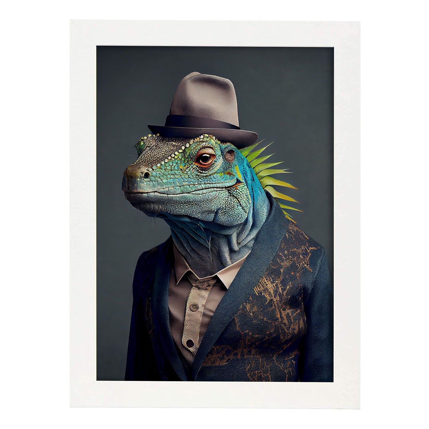 Nacnic una iguana vestida con ropa humana pequeña sonrisa. Estampados de arte de pared estético para el diseño de dormitorio o sala de estar.-Artwork-Nacnic-A4-Marco Blanco-Nacnic Estudio SL