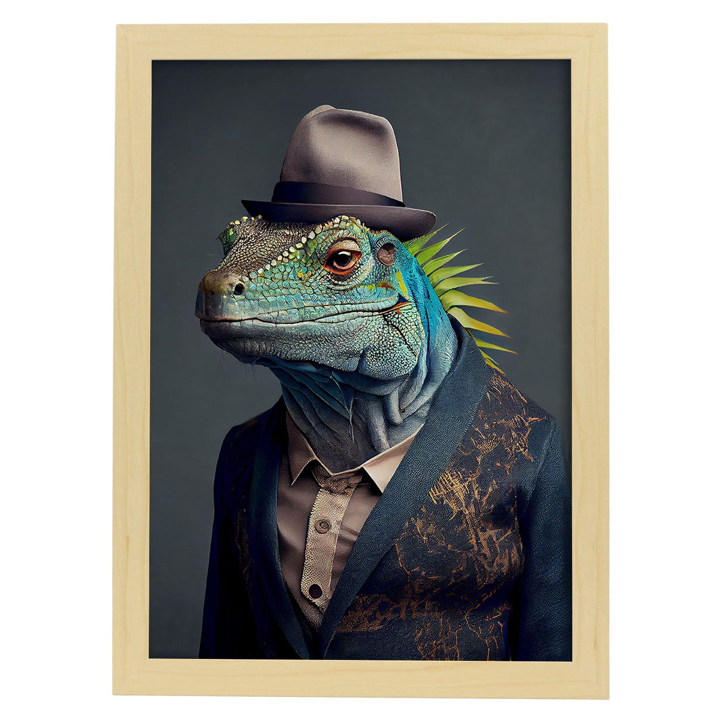 Nacnic una iguana vestida con ropa humana pequeña sonrisa. Estampados de arte de pared estético para el diseño de dormitorio o sala de estar.-Artwork-Nacnic-A4-Marco Madera clara-Nacnic Estudio SL