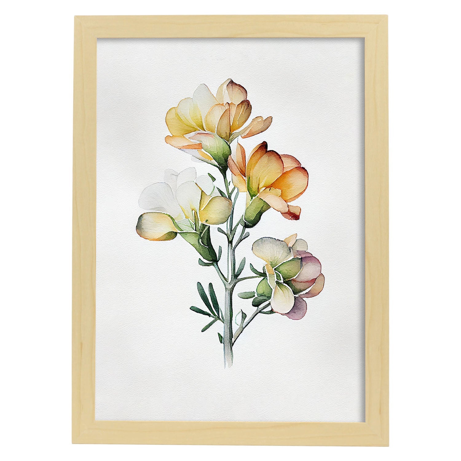 Nacnic watercolor minmal Freesia_4. Aesthetic Wall Art Prints for Bedroom or Living Room Design.-Artwork-Nacnic-A4-Marco Madera Clara-Nacnic Estudio SL