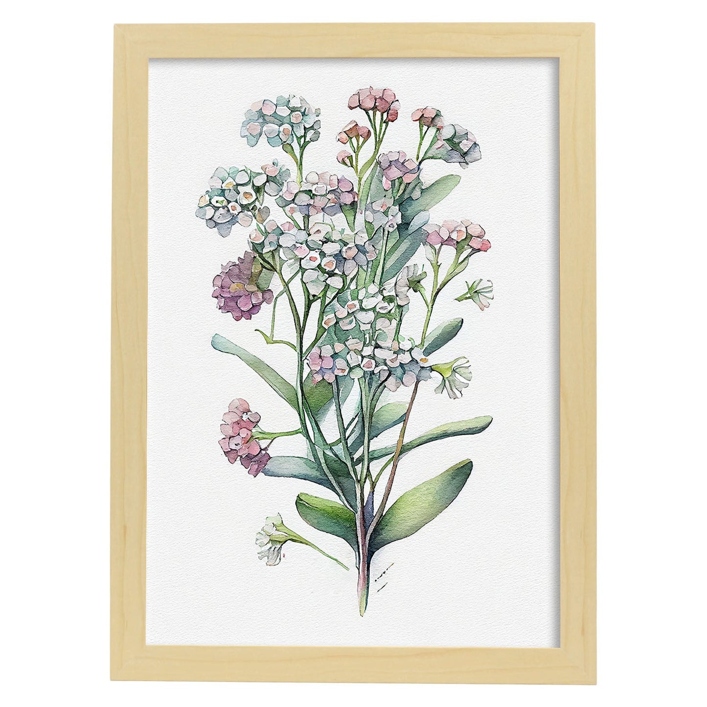 Nacnic watercolor minmal Sweet Alyssum. Aesthetic Wall Art Prints for Bedroom or Living Room Design.-Artwork-Nacnic-A4-Marco Madera Clara-Nacnic Estudio SL
