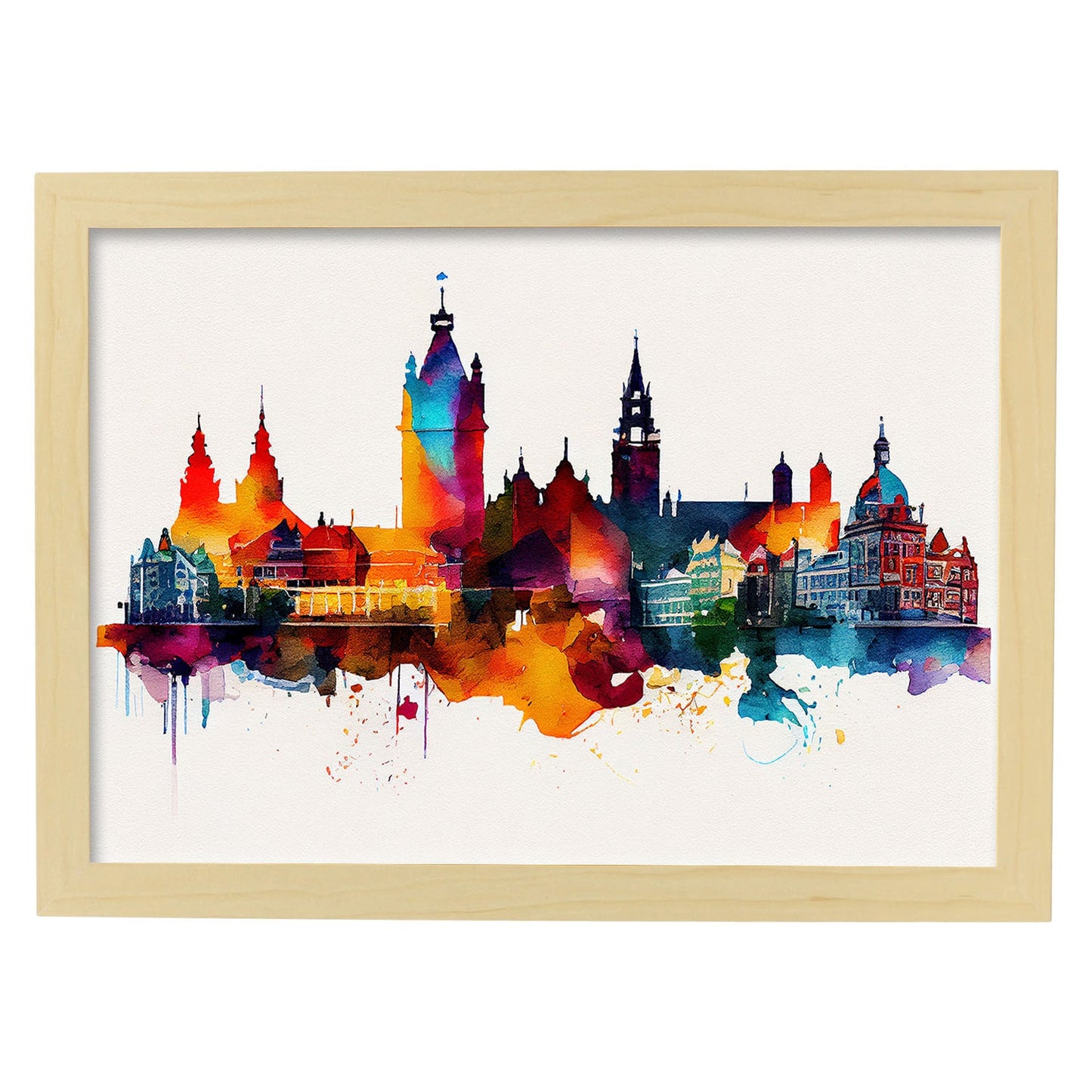 Nacnic watercolor of a skyline of the city of Amsterdam_1. Aesthetic Wall Art Prints for Bedroom or Living Room Design.-Artwork-Nacnic-A4-Marco Madera Clara-Nacnic Estudio SL